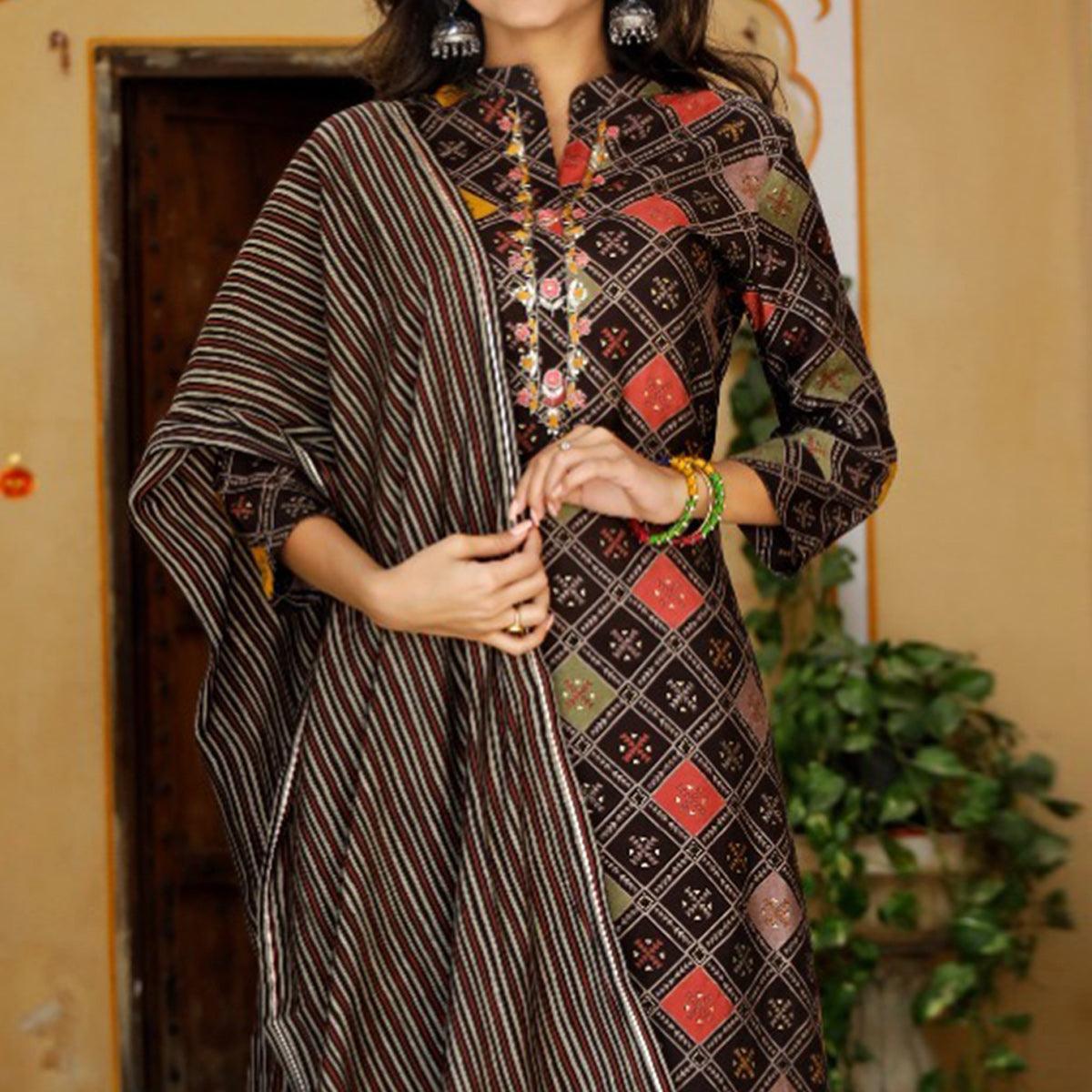 Brown Printed Muslin Sharara Suit - Peachmode