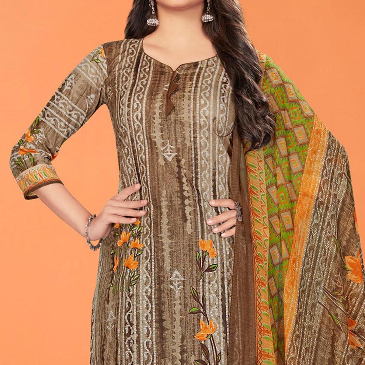 Brown Printed Poly Cotton Dress Material - Peachmode