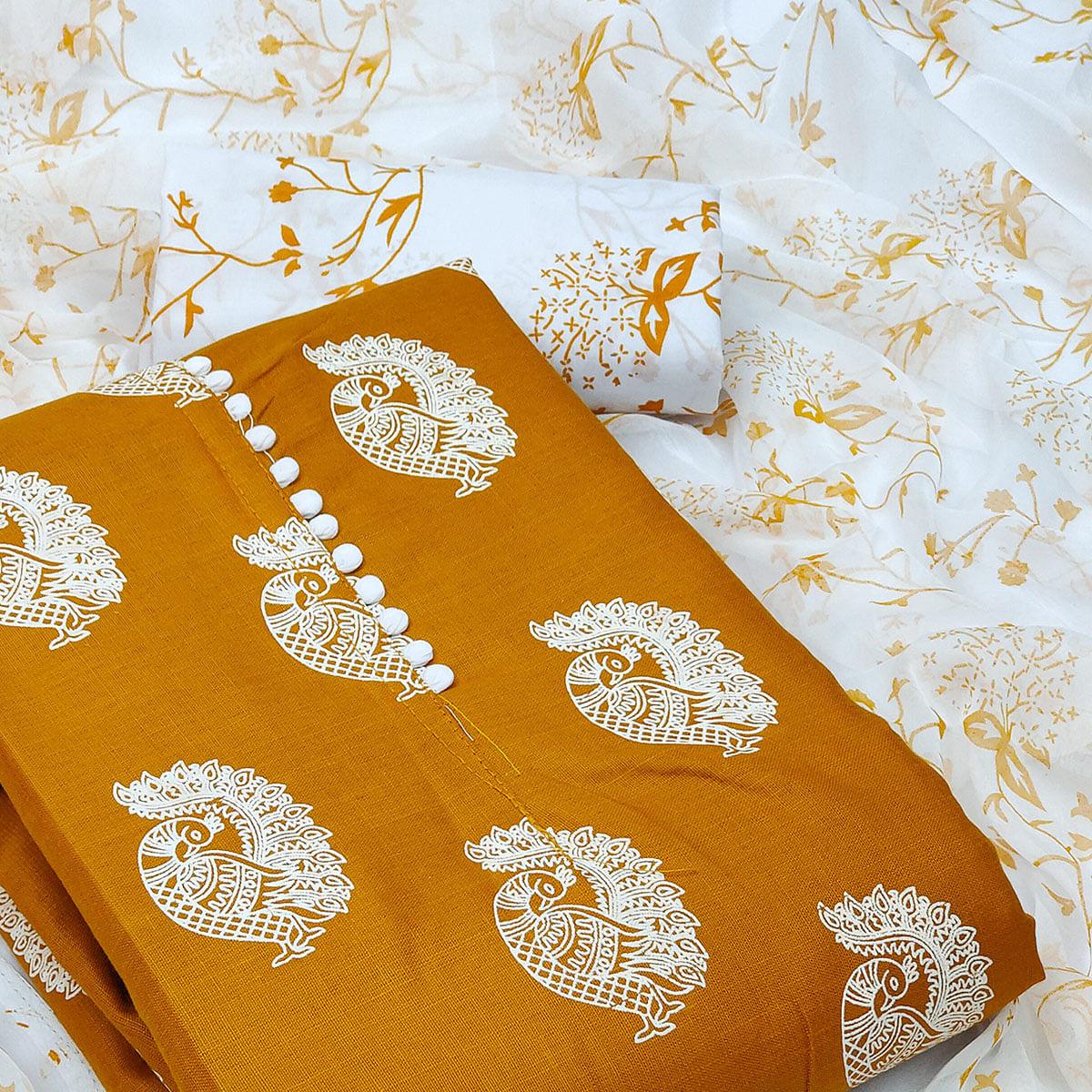 Brown Printed Poly Cotton Dress Material - Peachmode