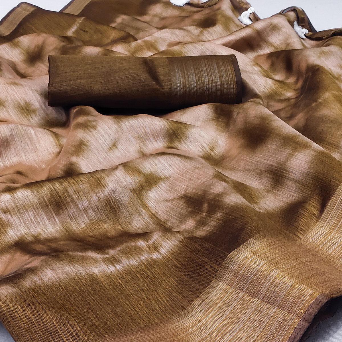 Brown Printed Poly Cotton Saree With Tassels - Peachmode