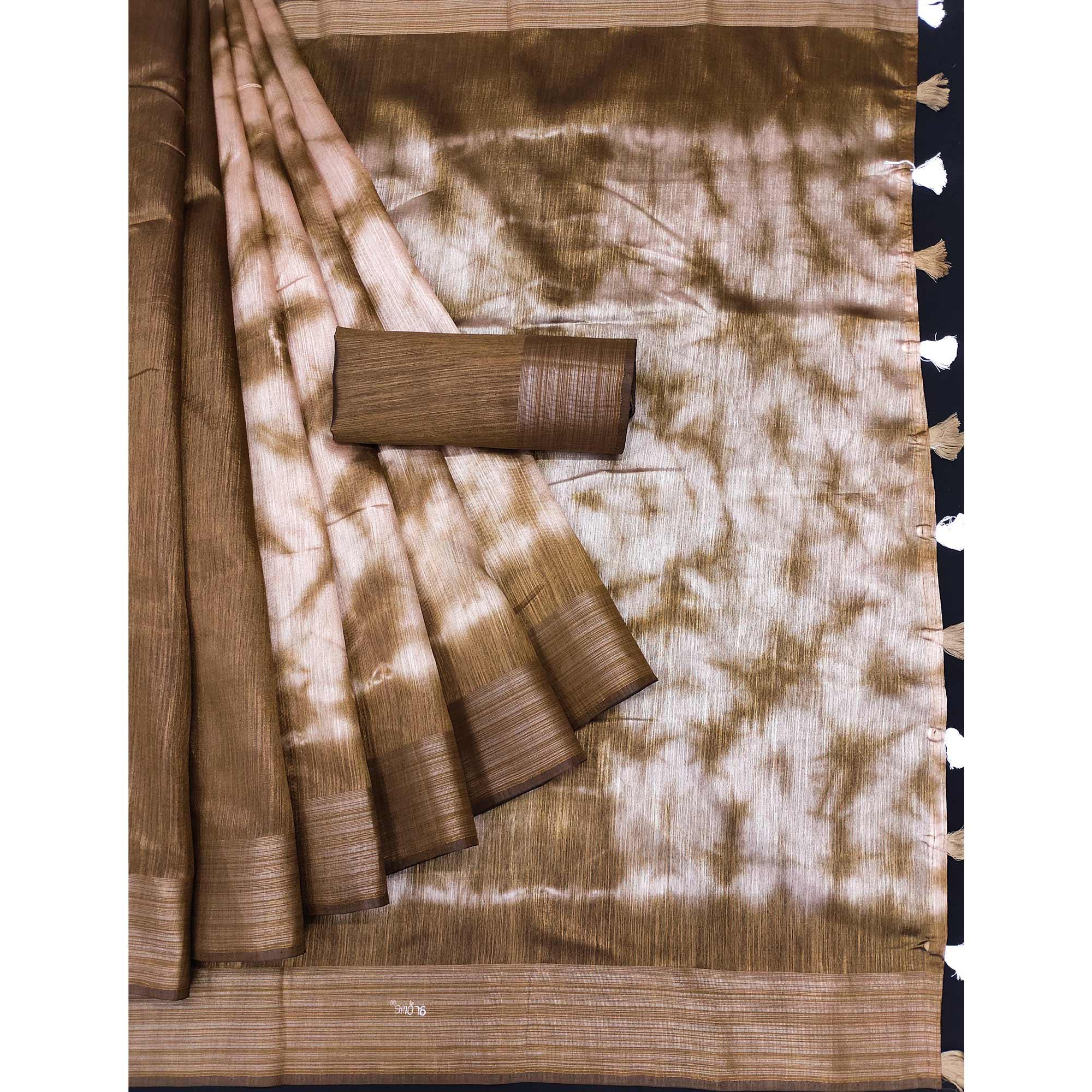 Brown Printed Poly Cotton Saree With Tassels - Peachmode