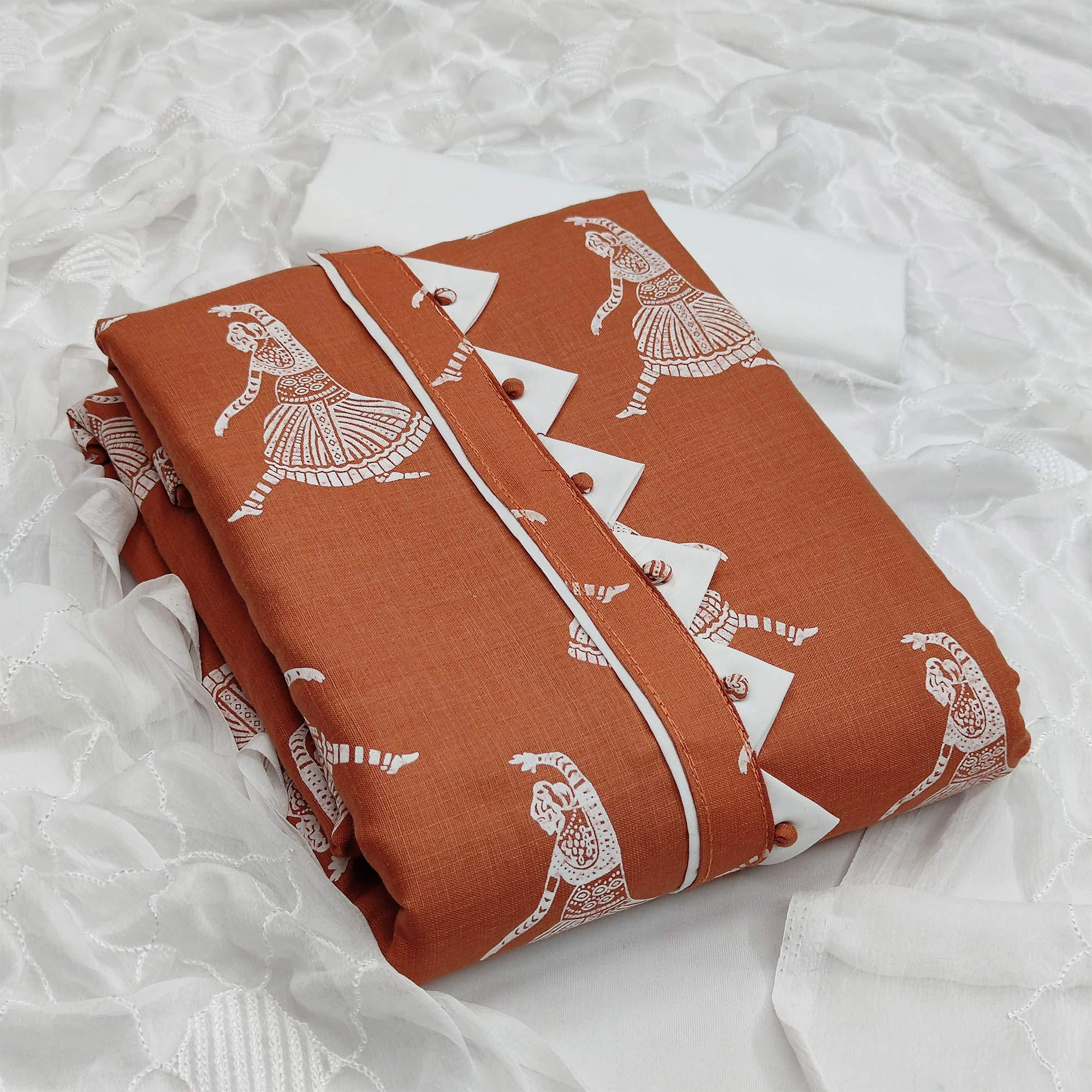 Brown Printed Pure Cotton Dress Material - Peachmode