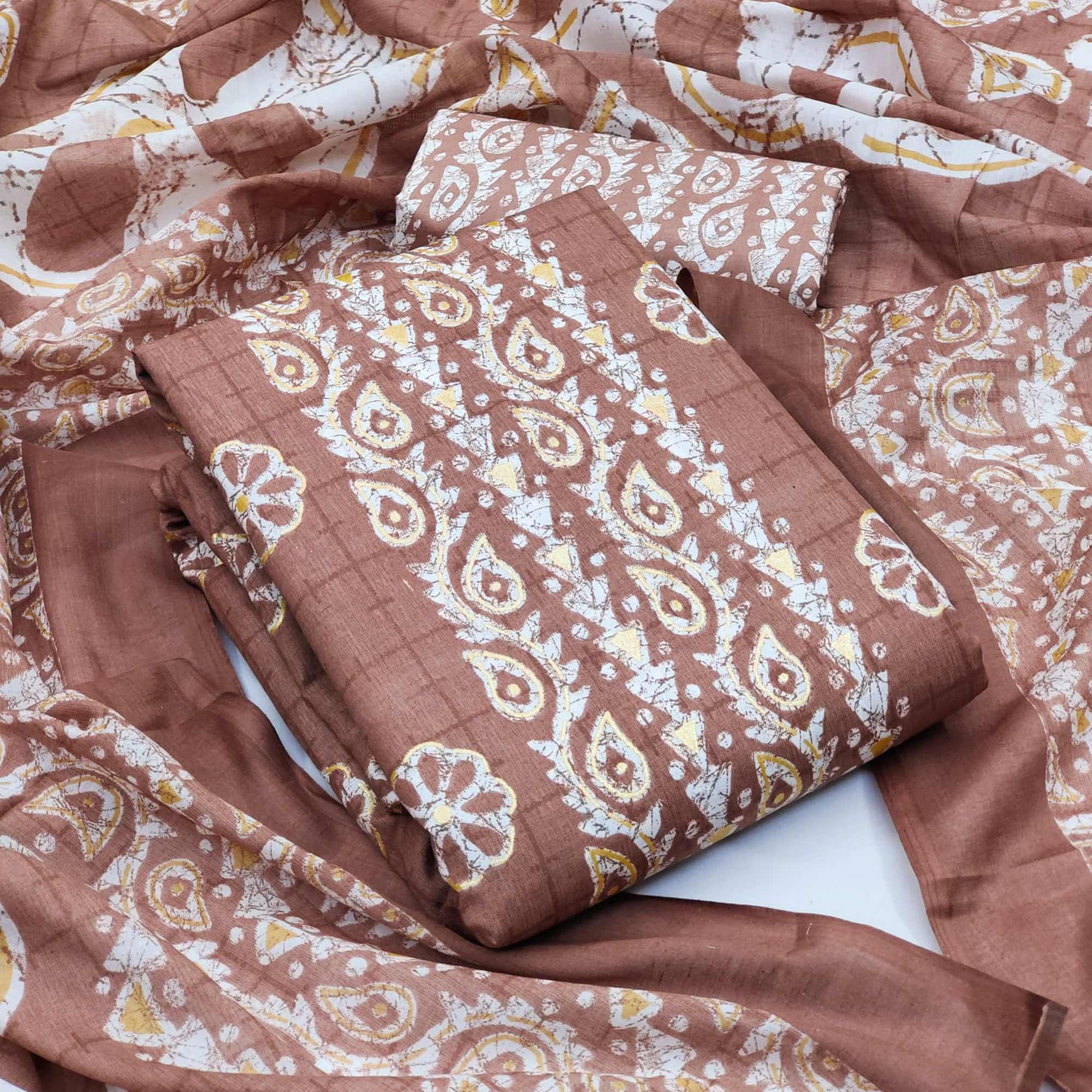 Brown Printed Pure Cotton Dress Material - Peachmode