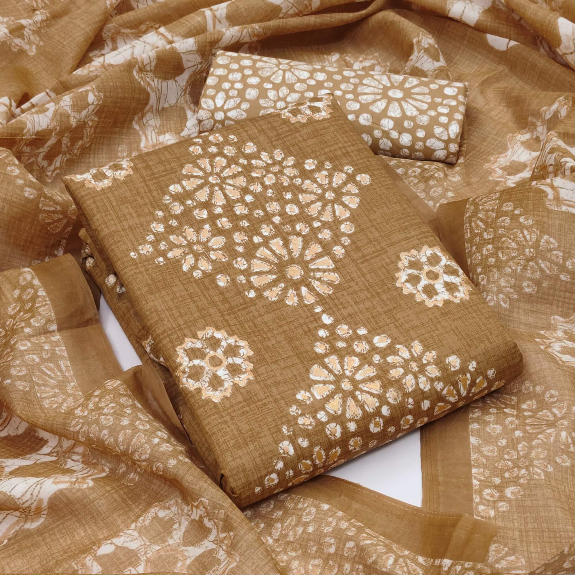Brown Printed Pure Cotton Dress Material - Peachmode