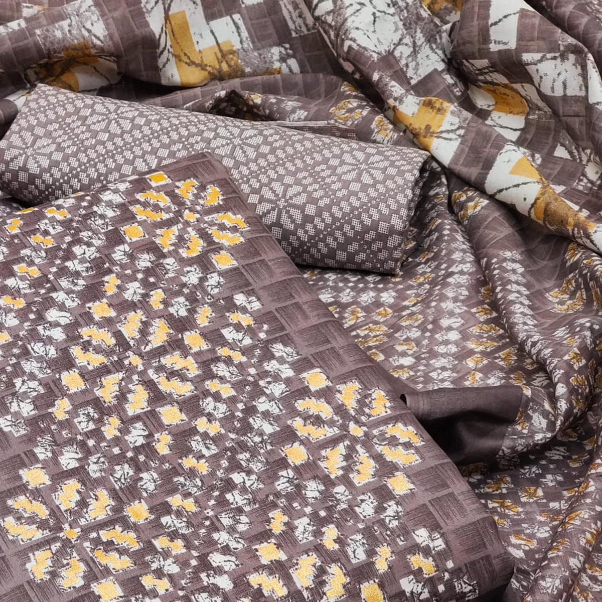 Brown Printed Pure Cotton Dress Material - Peachmode