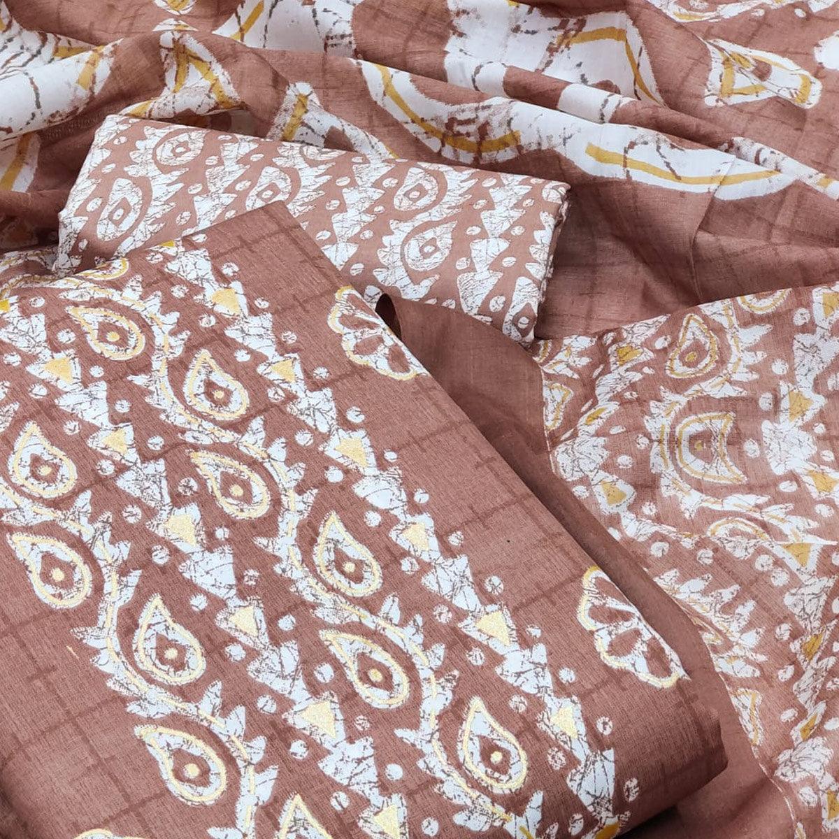 Brown Printed Pure Cotton Dress Material - Peachmode