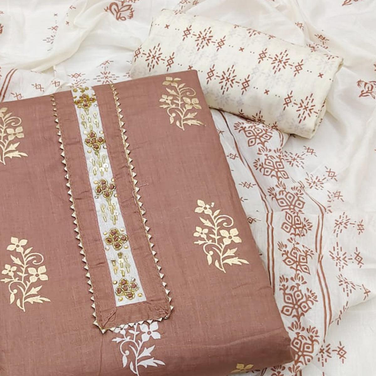Brown Printed Pure Cotton Dress Material - Peachmode
