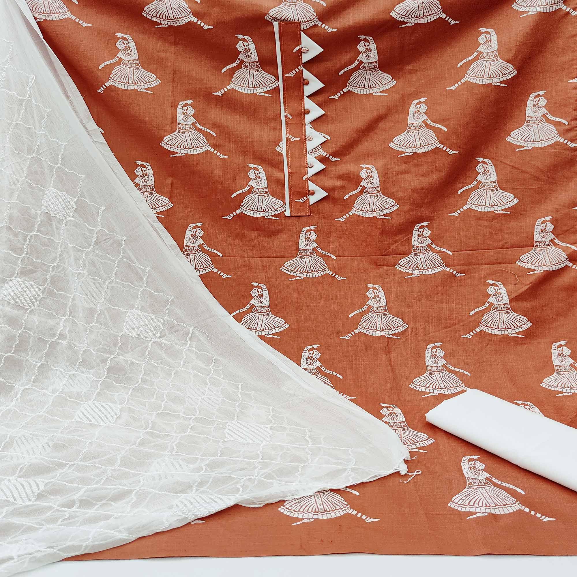 Brown Printed Pure Cotton Dress Material - Peachmode