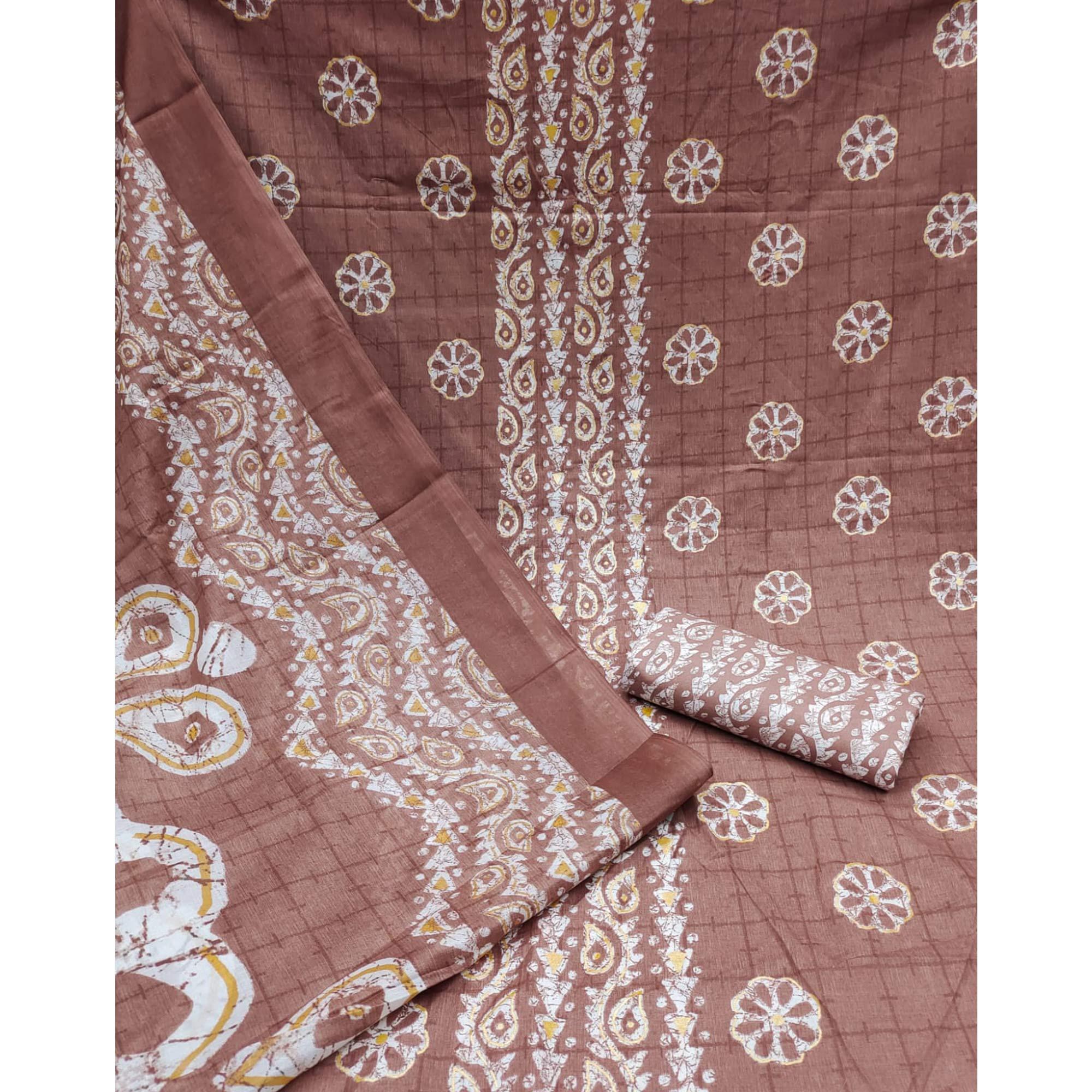 Brown Printed Pure Cotton Dress Material - Peachmode