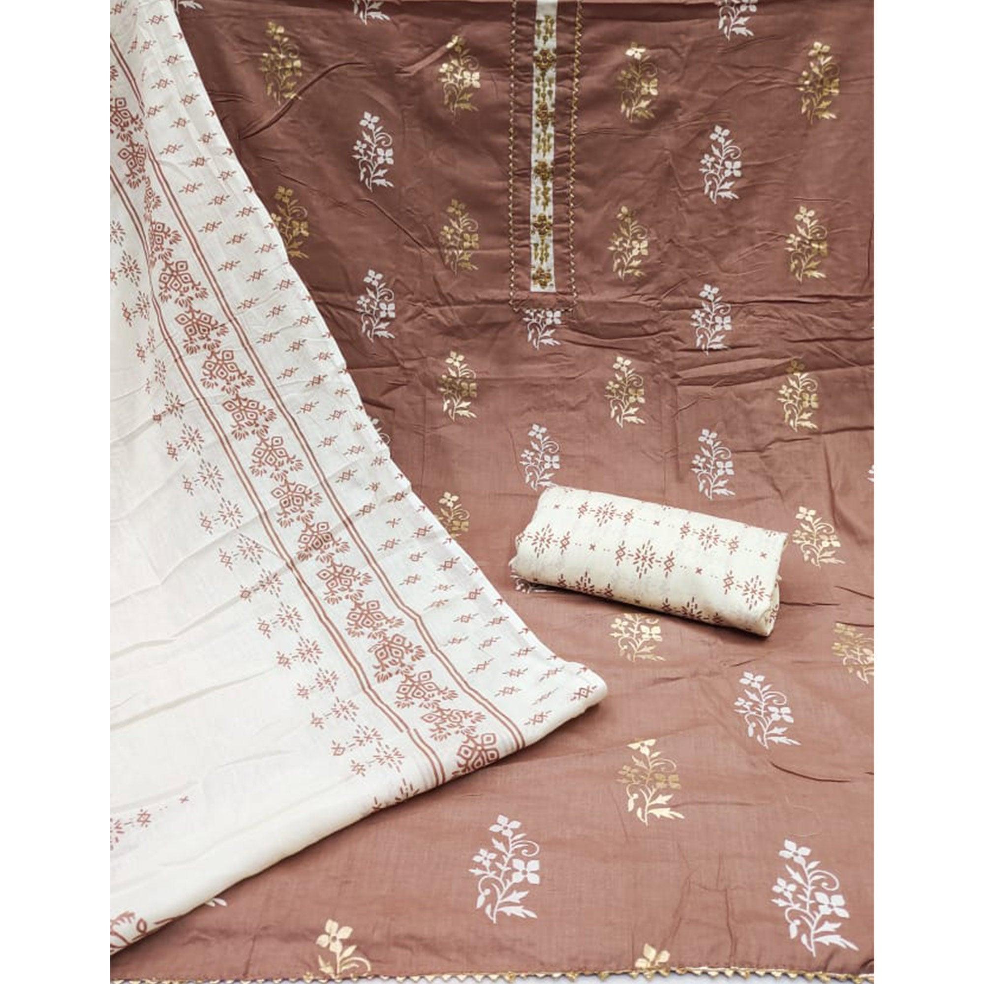 Brown Printed Pure Cotton Dress Material - Peachmode