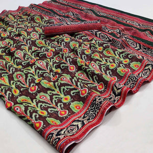 Brown Printed Pure Cotton Saree - Peachmode