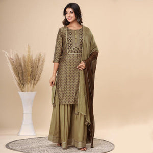 Brown Printed Pure Cotton Sharara Suit - Peachmode