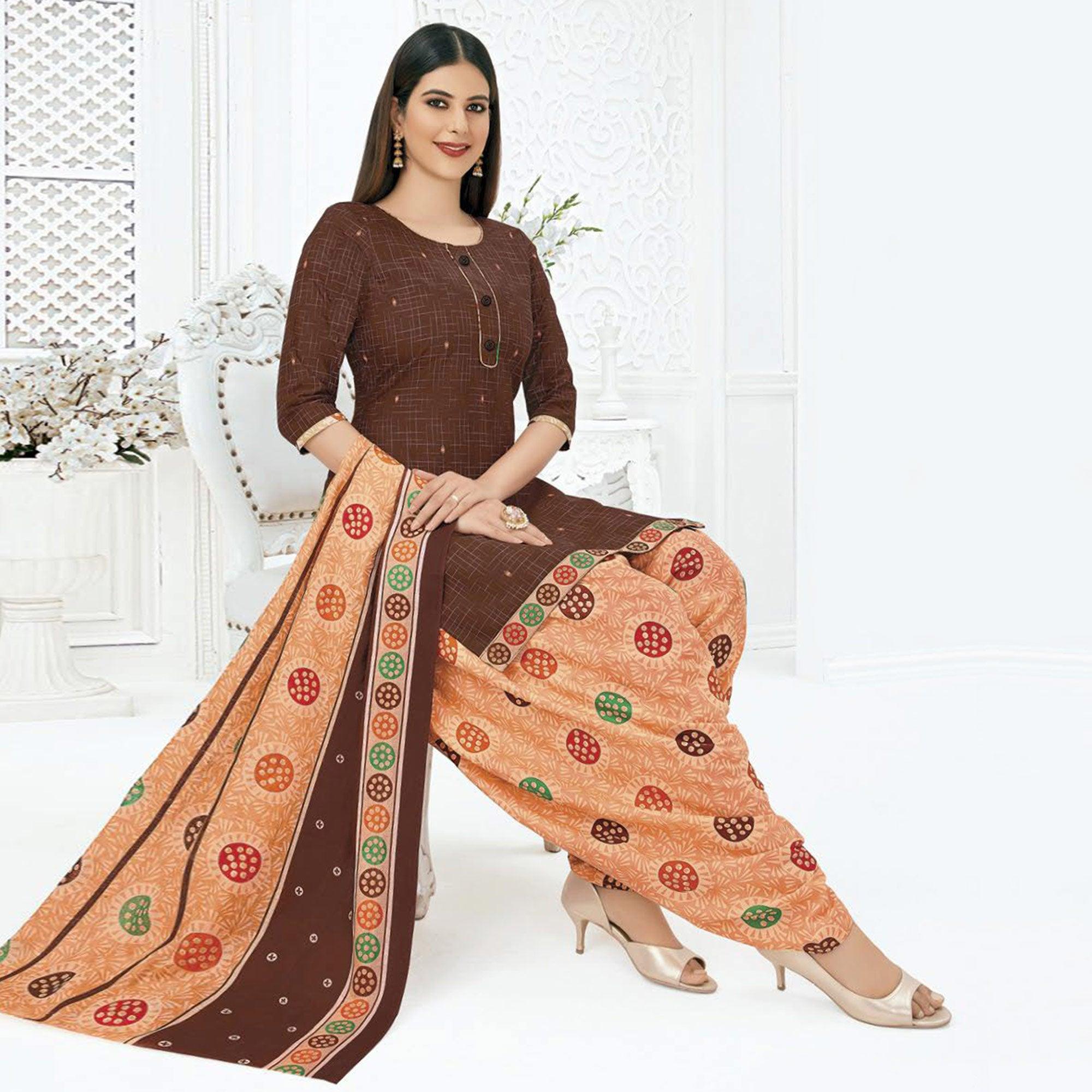 Brown Printed Pure Cotton Stitched Patiala Suit - Peachmode