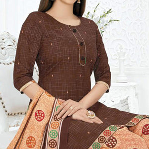 Brown Printed Pure Cotton Stitched Patiala Suit - Peachmode