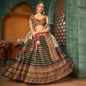 Brown Printed Pure Silk Lehenga Choli - Peachmode