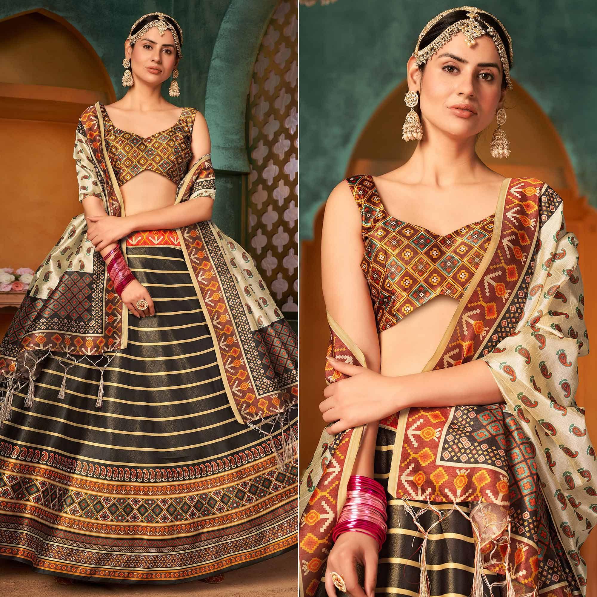 Brown Printed Pure Silk Lehenga Choli - Peachmode
