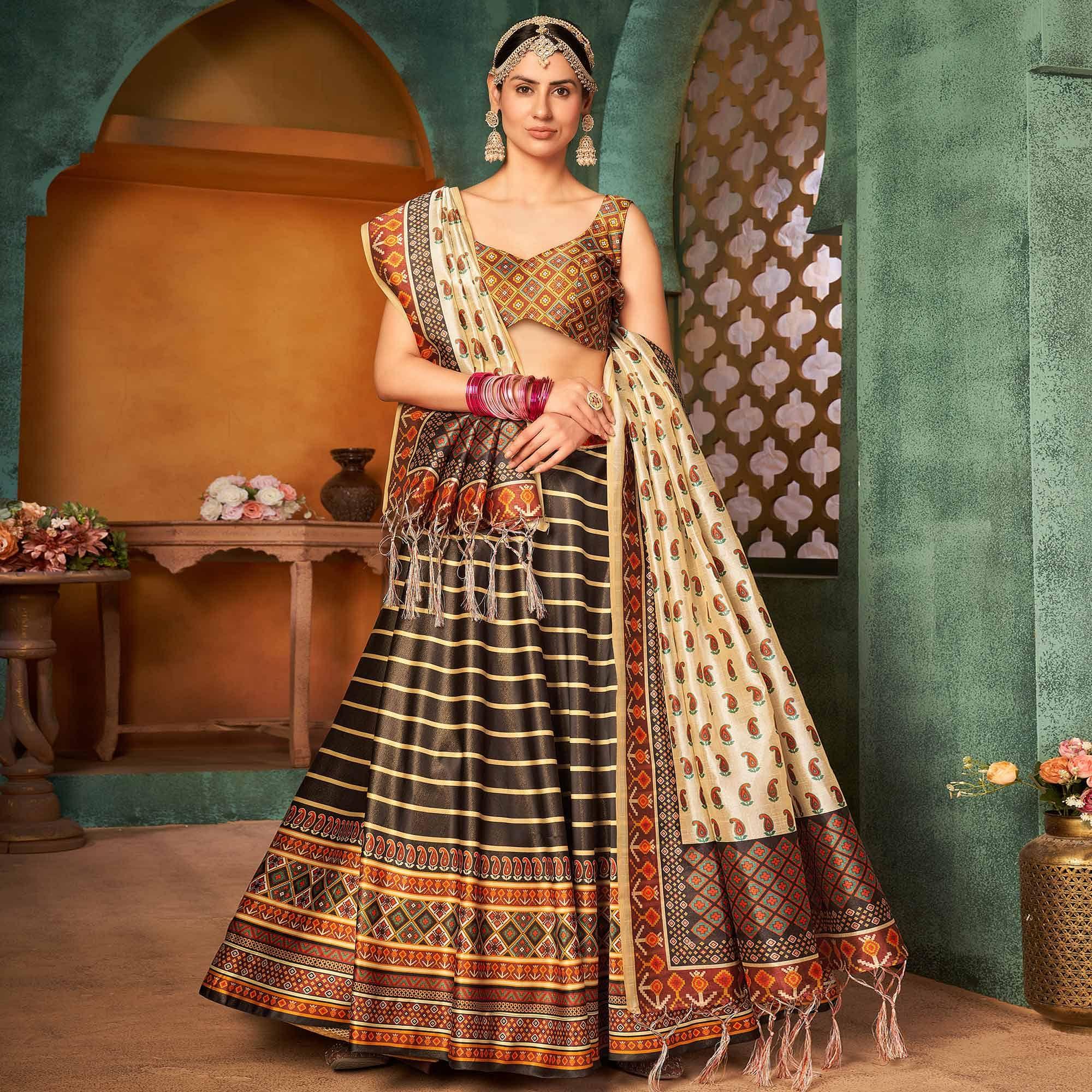 Brown Printed Pure Silk Lehenga Choli - Peachmode