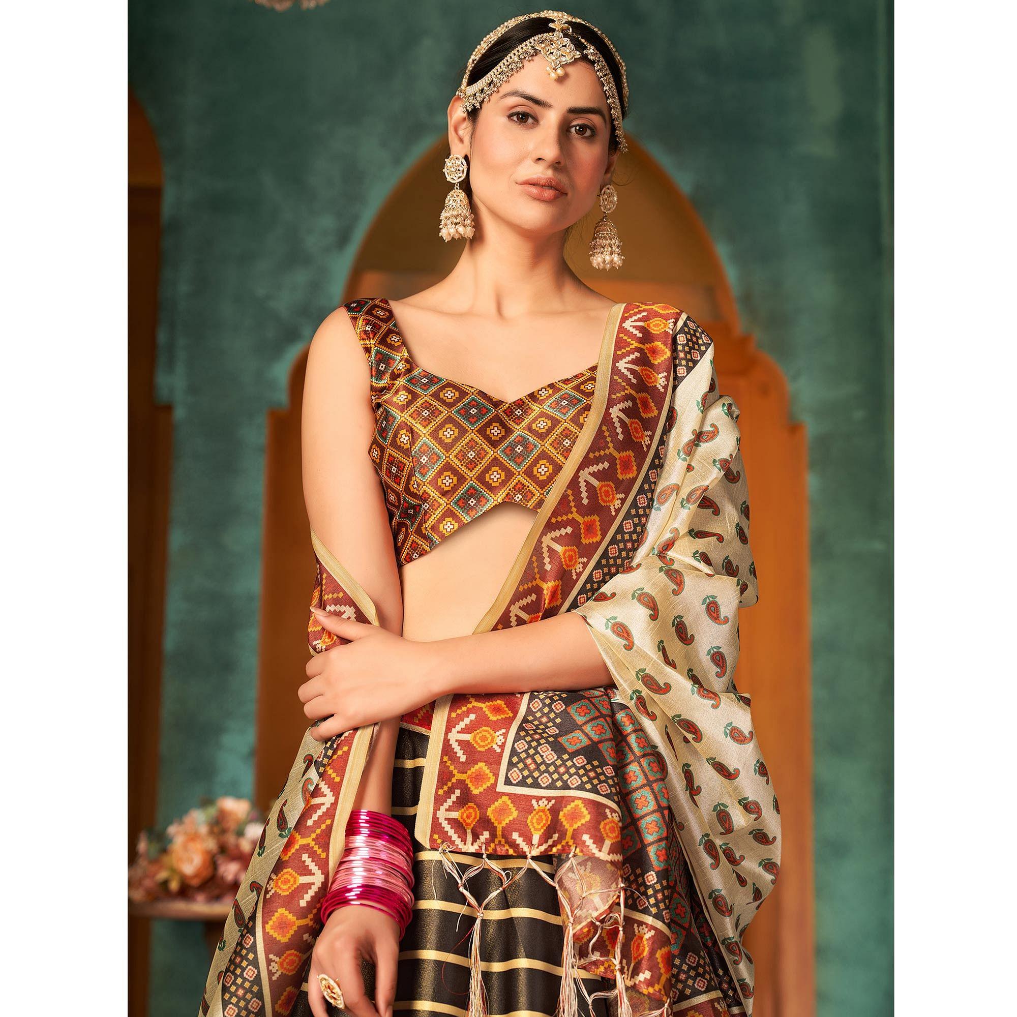 Brown Printed Pure Silk Lehenga Choli - Peachmode