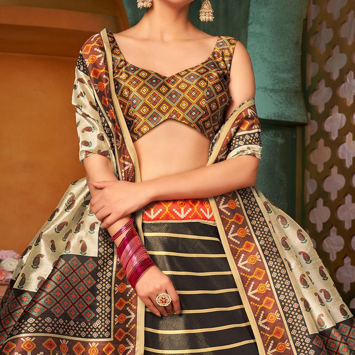 Brown Printed Pure Silk Lehenga Choli - Peachmode