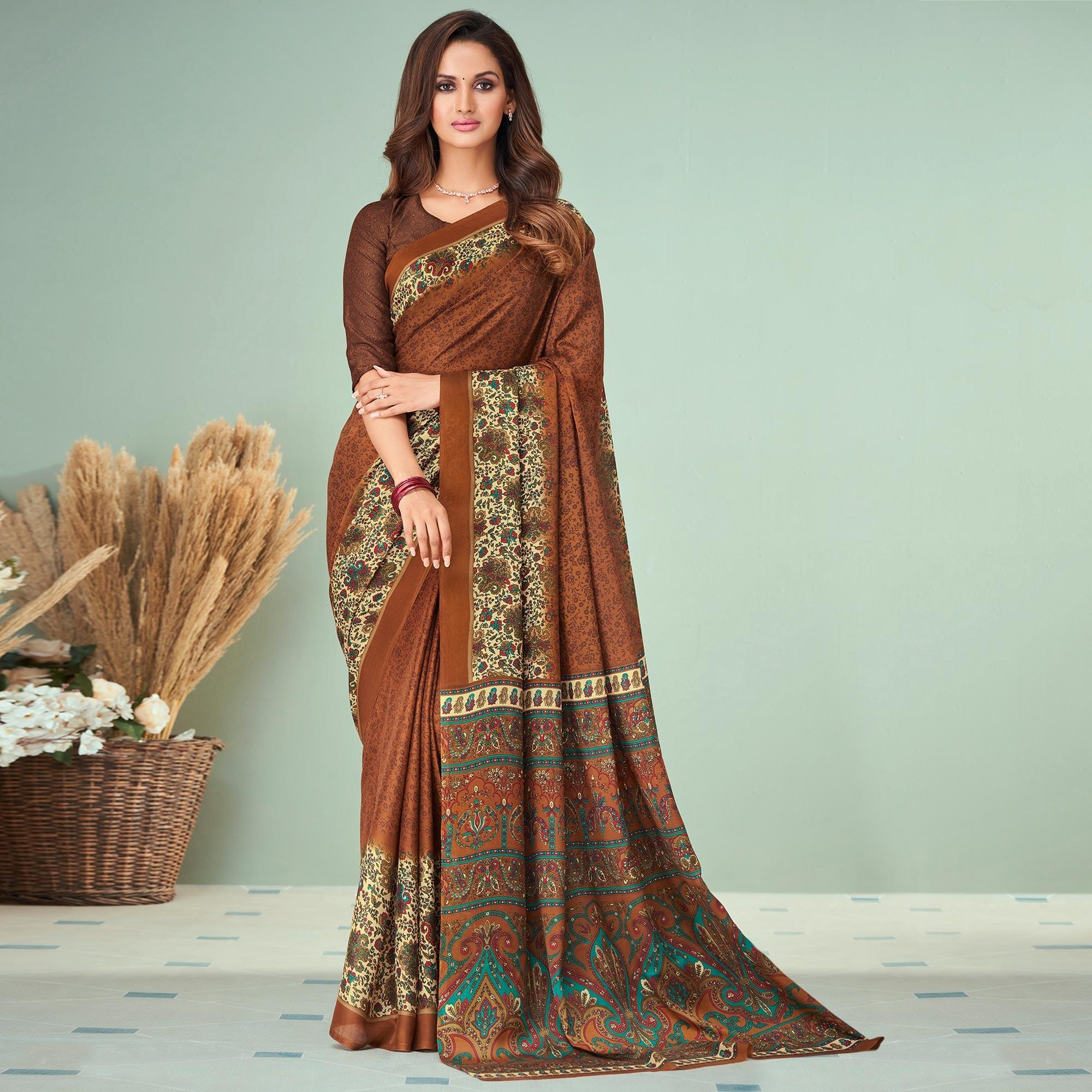 Brown Printed Raw Silk Saree - Peachmode