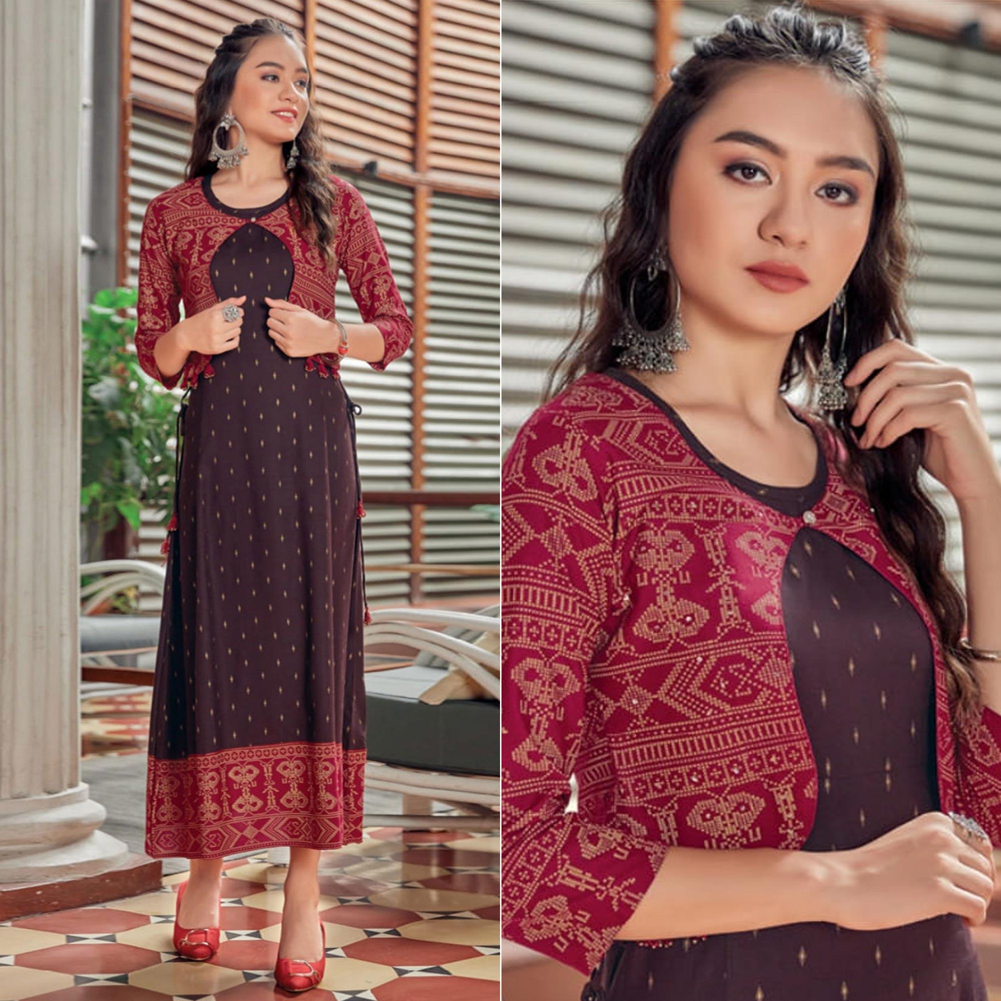 Brown Printed Rayon Anarkali Kurti - Peachmode