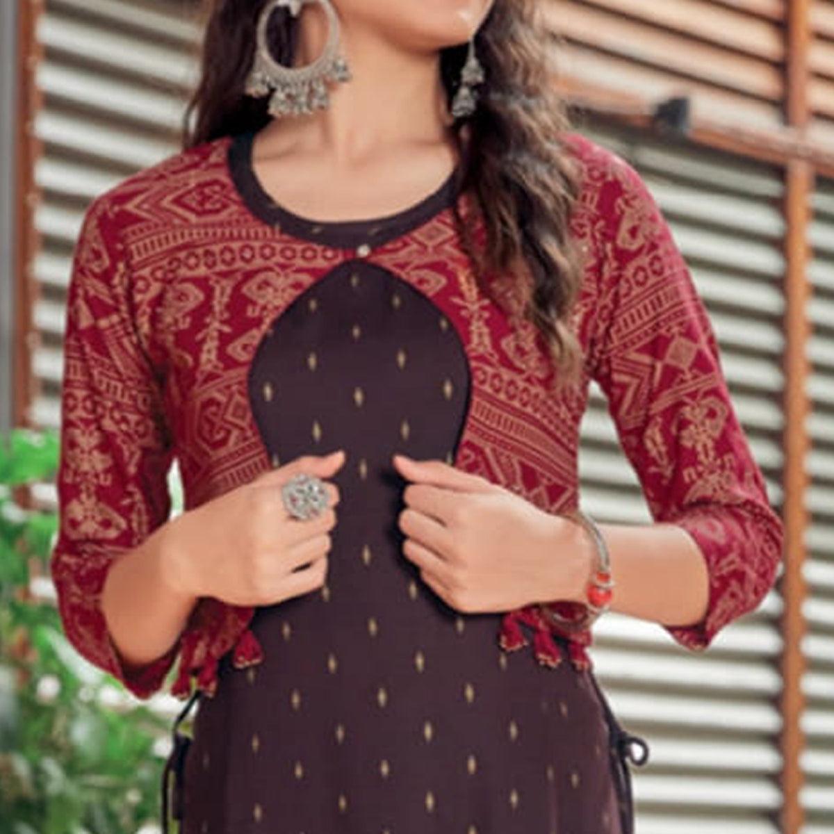 Brown Printed Rayon Anarkali Kurti - Peachmode