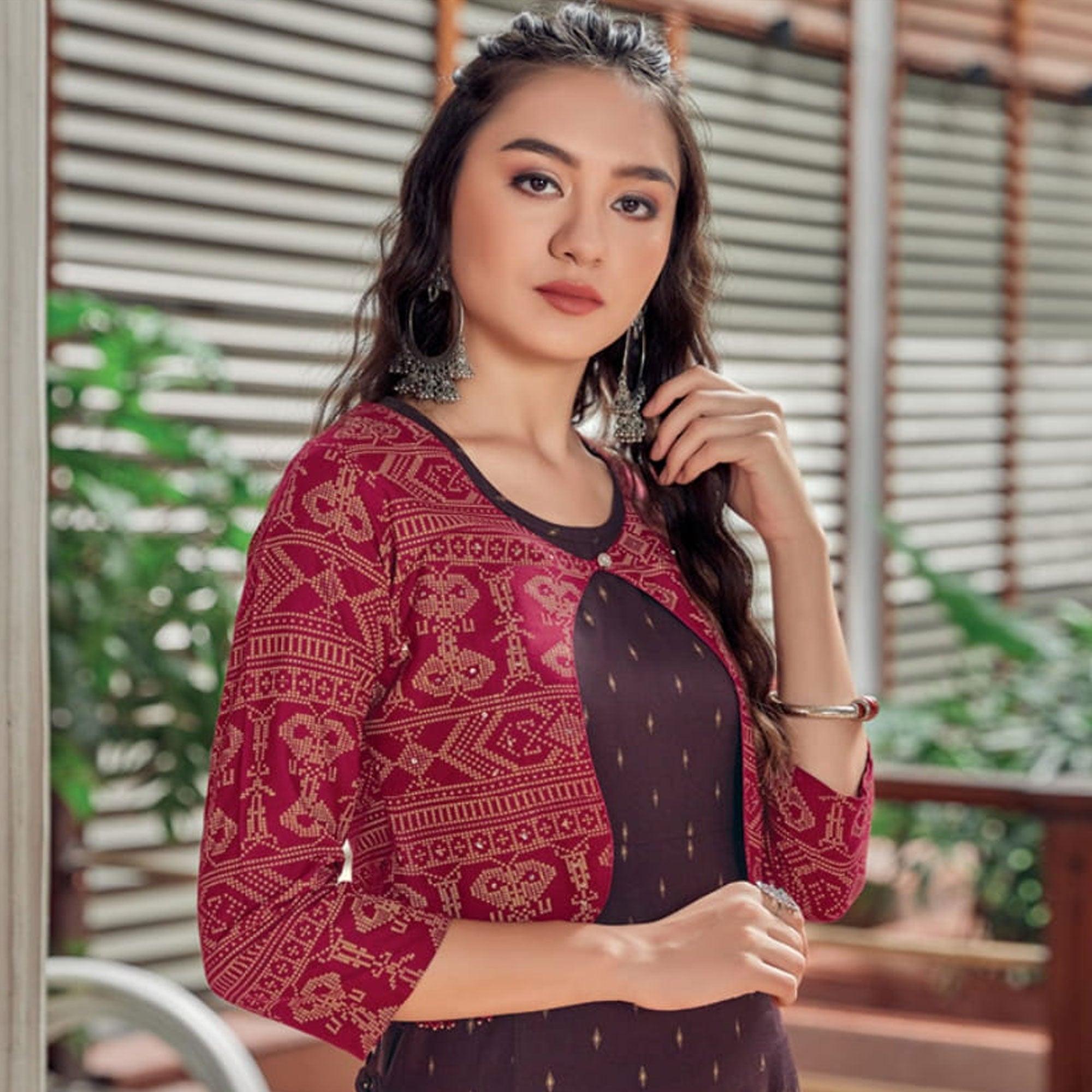 Brown Printed Rayon Anarkali Kurti - Peachmode