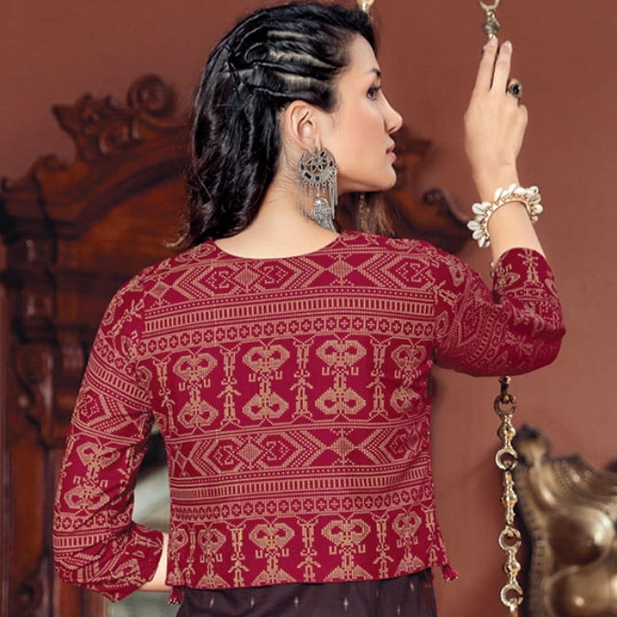 Brown Printed Rayon Anarkali Kurti - Peachmode