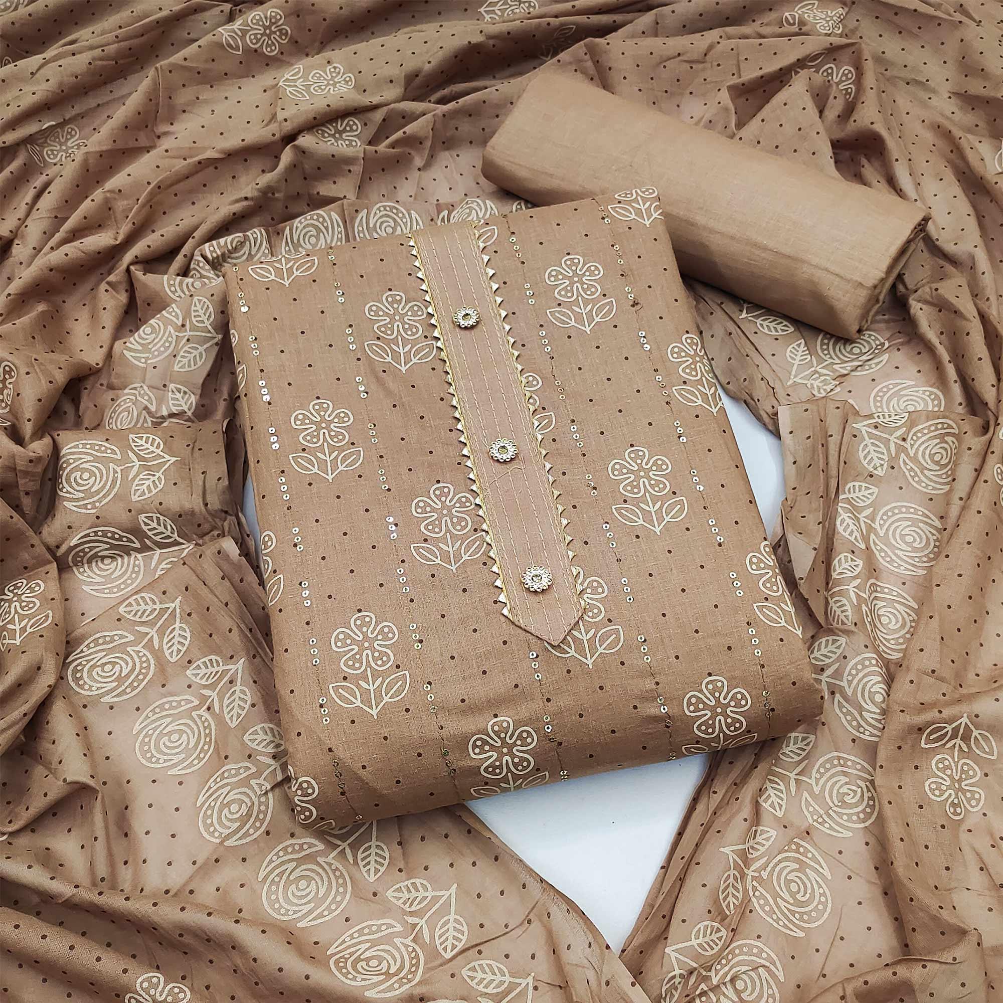 Brown Printed With Embellished Pure Cotton Dress Material - Peachmode