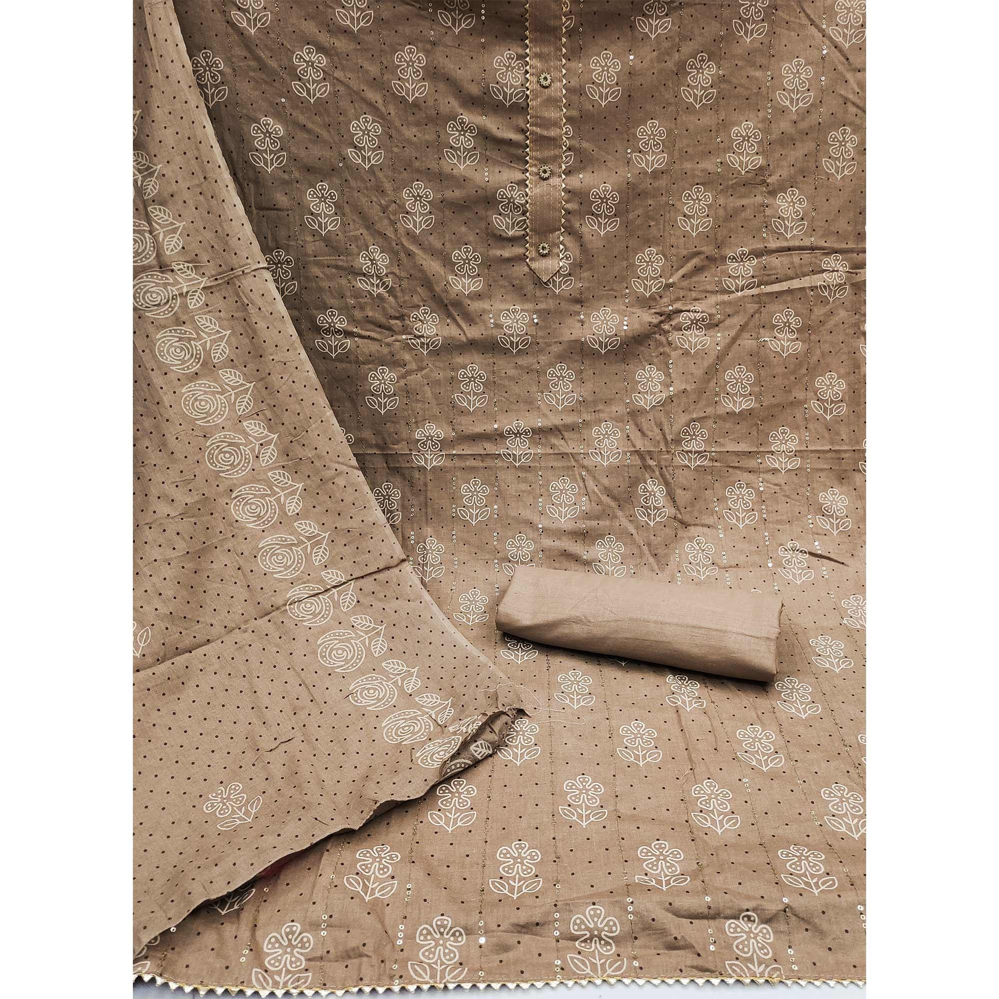 Brown Printed With Embellished Pure Cotton Dress Material - Peachmode