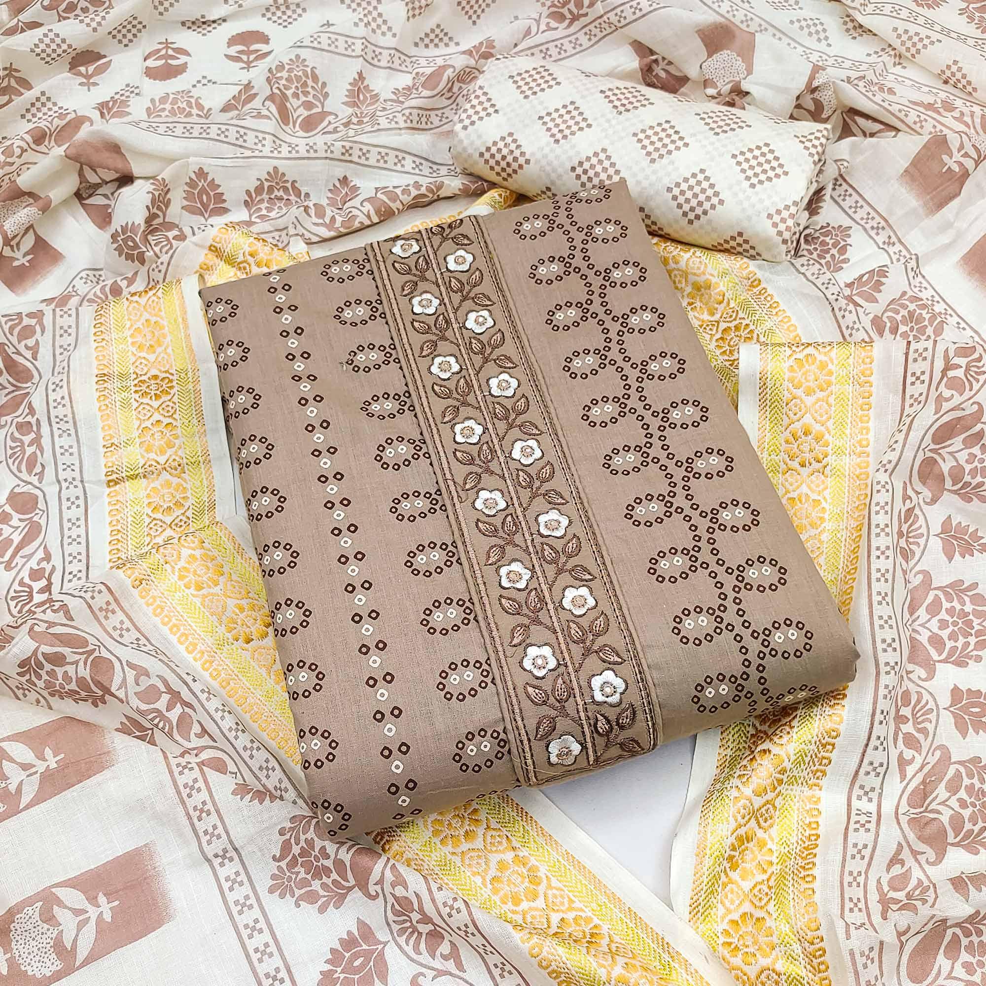 Brown Printed With Embroidered Cotton Blend Dress Material - Peachmode