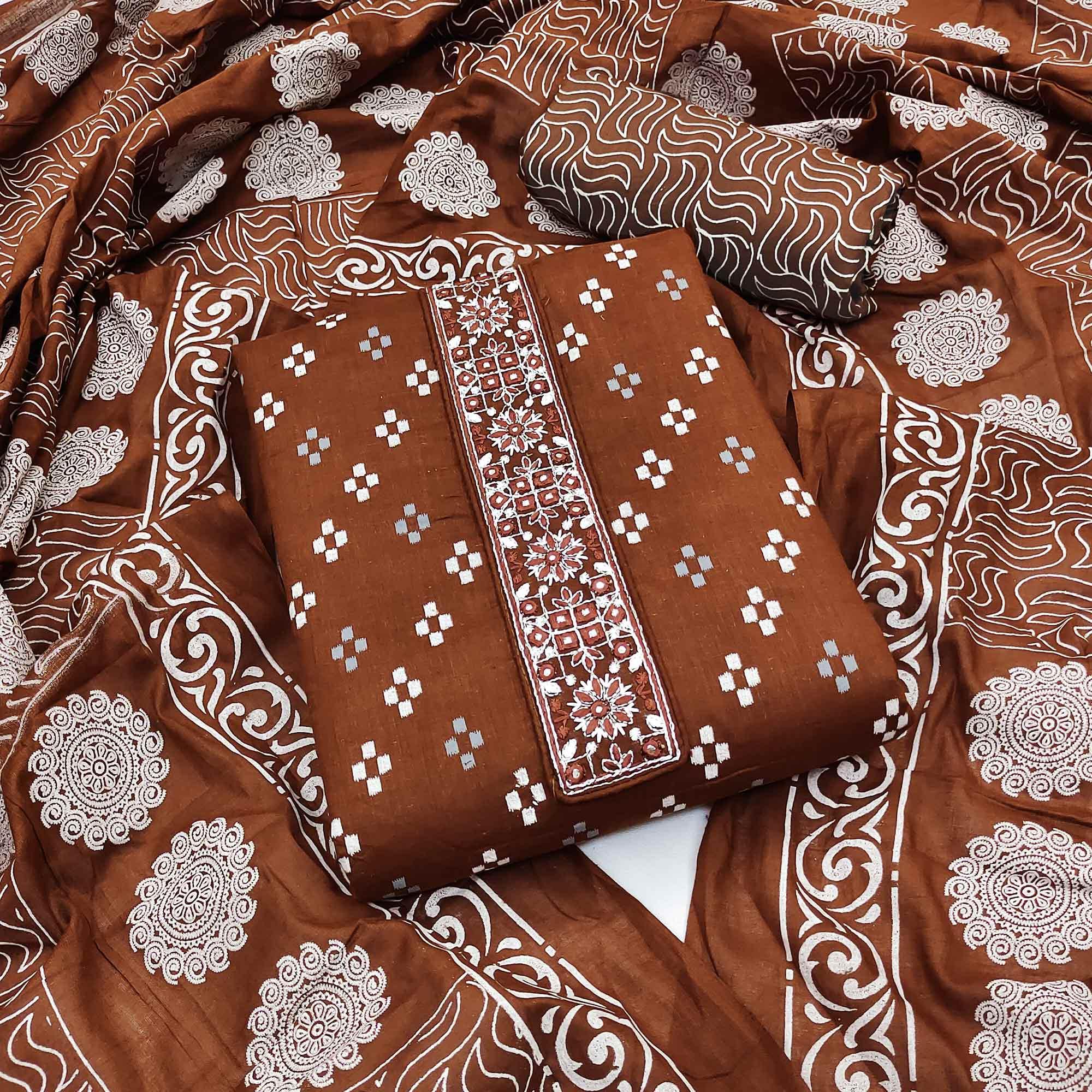 Brown Printed With Embroidered Cotton Blend Dress Material - Peachmode