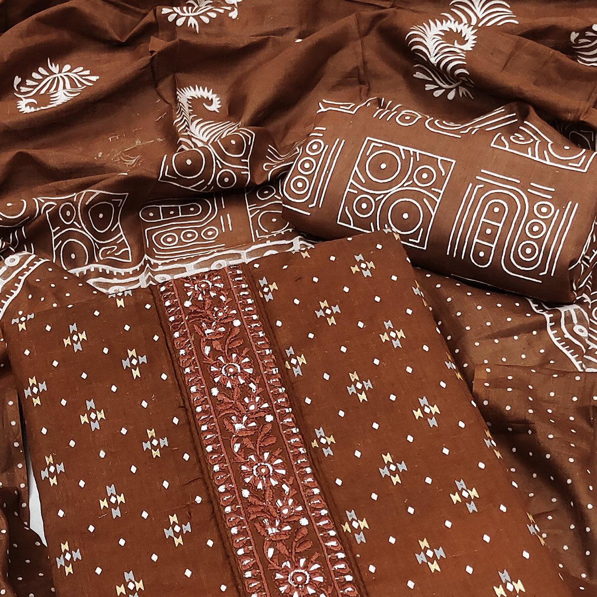 Brown Printed With Embroidered Cotton Blend Dress Material - Peachmode
