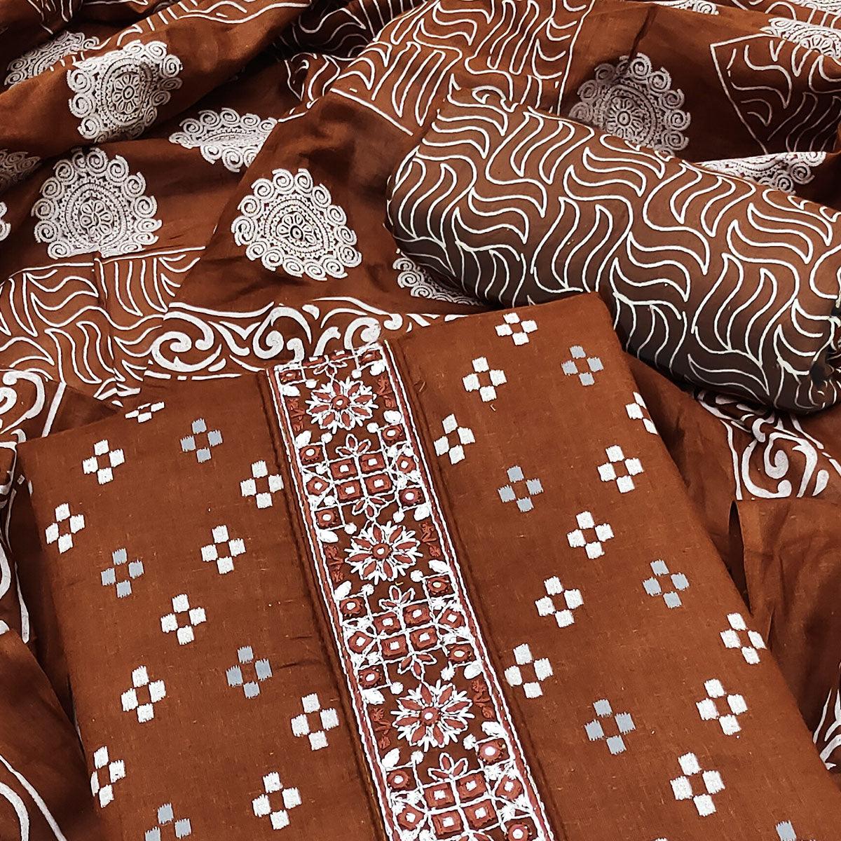 Brown Printed With Embroidered Cotton Blend Dress Material - Peachmode