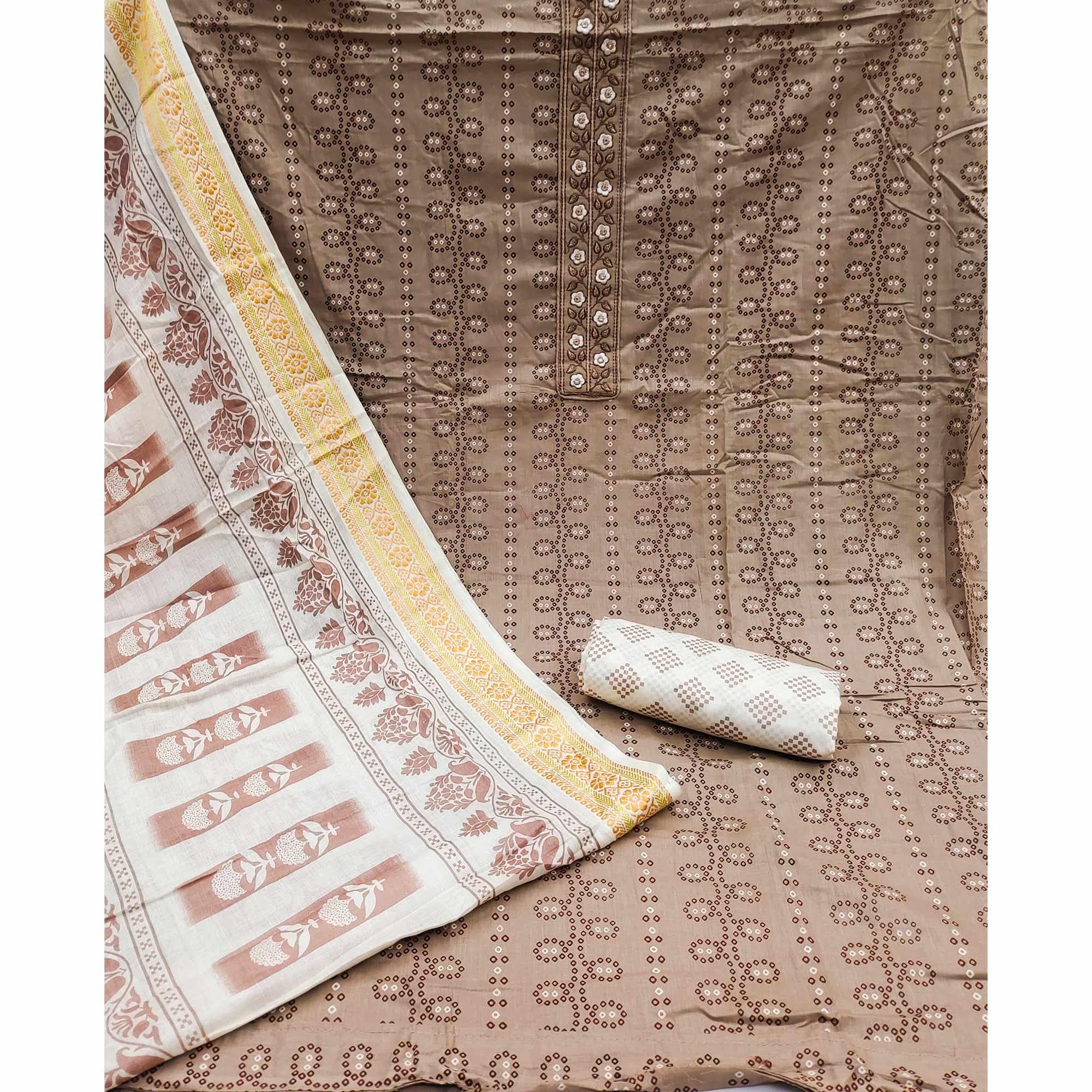 Brown Printed With Embroidered Cotton Blend Dress Material - Peachmode