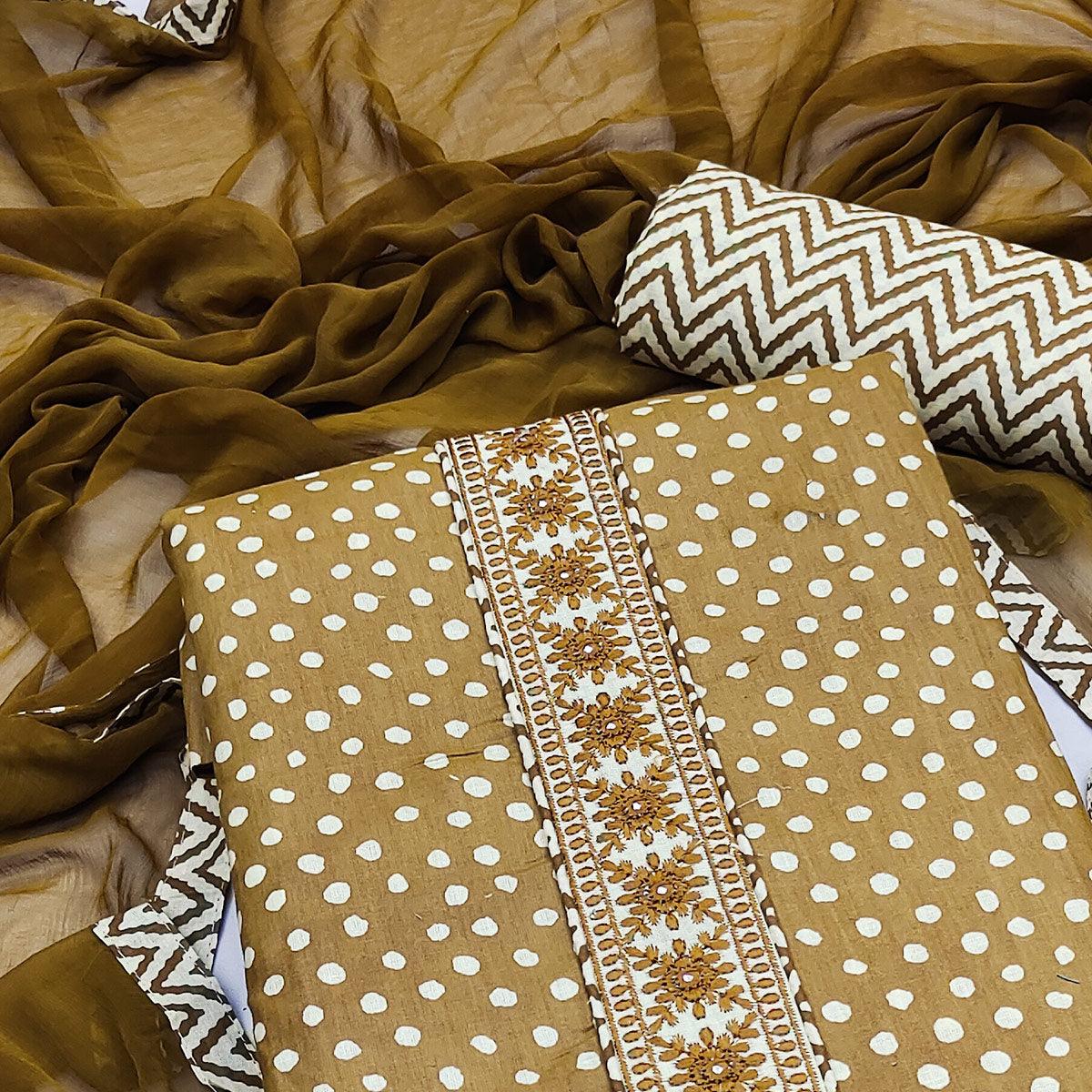 Brown Printed With Embroidered Poly Cotton Dress Material - Peachmode