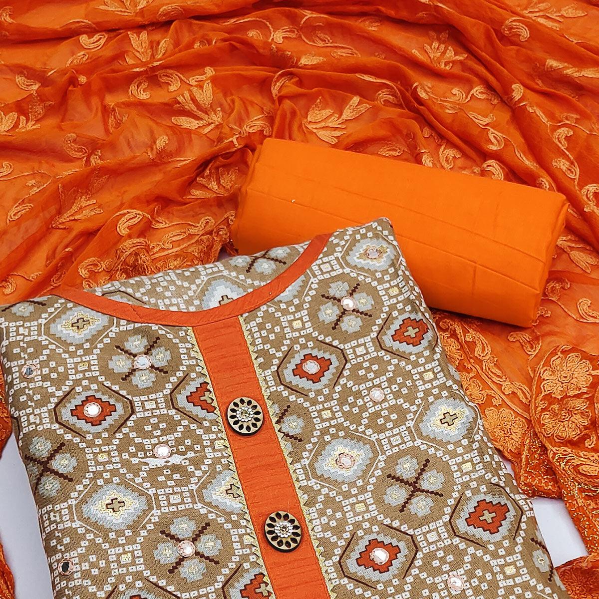 Brown Printed With Embroidered Poly Cotton Dress Material - Peachmode