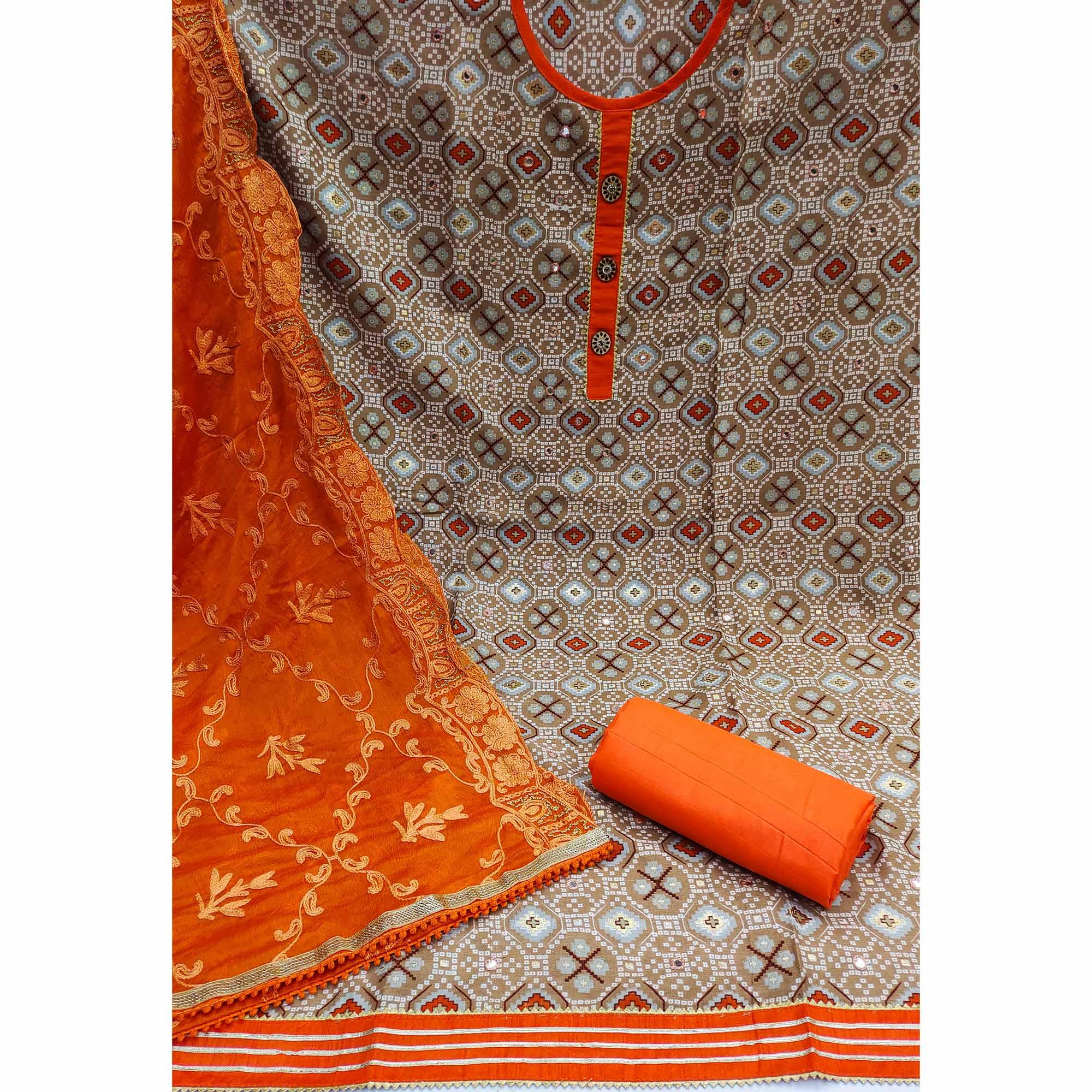 Brown Printed With Embroidered Poly Cotton Dress Material - Peachmode