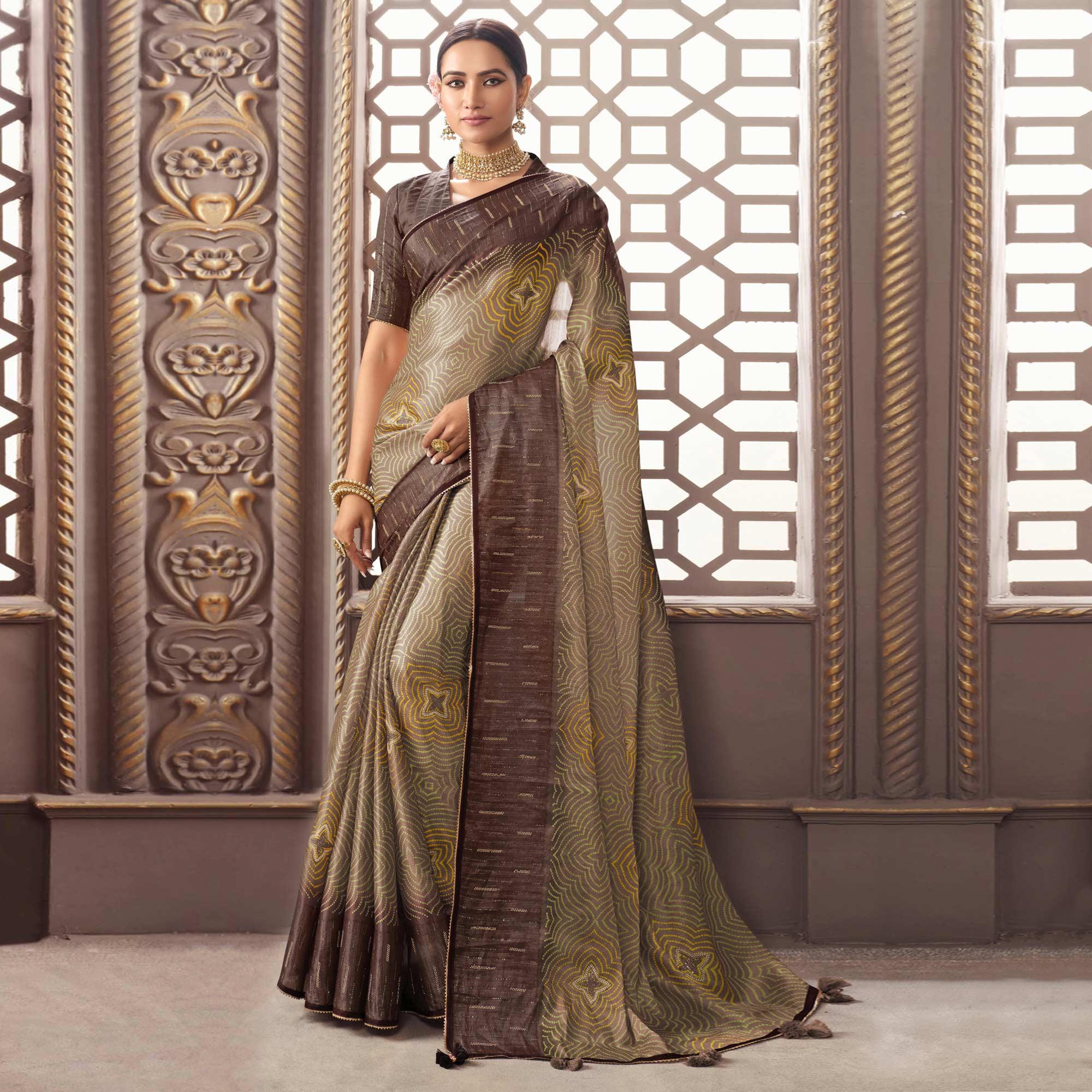 Brown Printed With Sequence Work Organza Saree - Peachmode