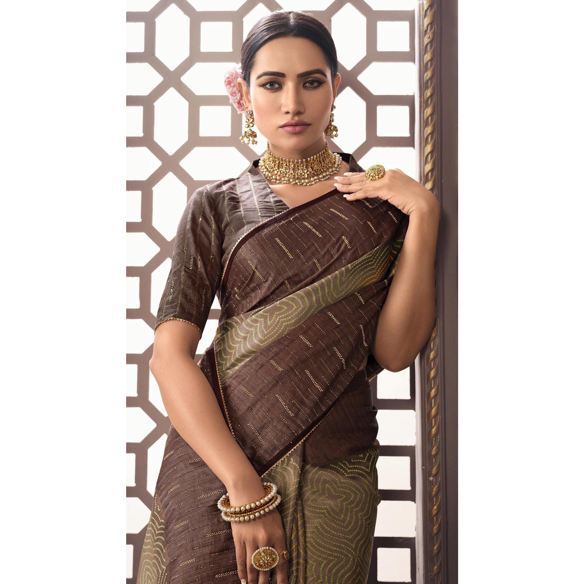 Brown Printed With Sequence Work Organza Saree - Peachmode