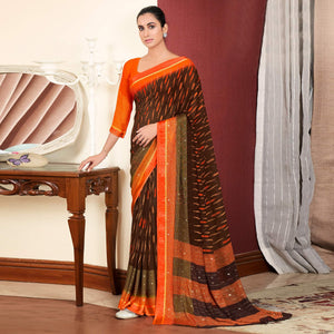 Brown Printed With Swarovski Work Georgette Saree - Peachmode