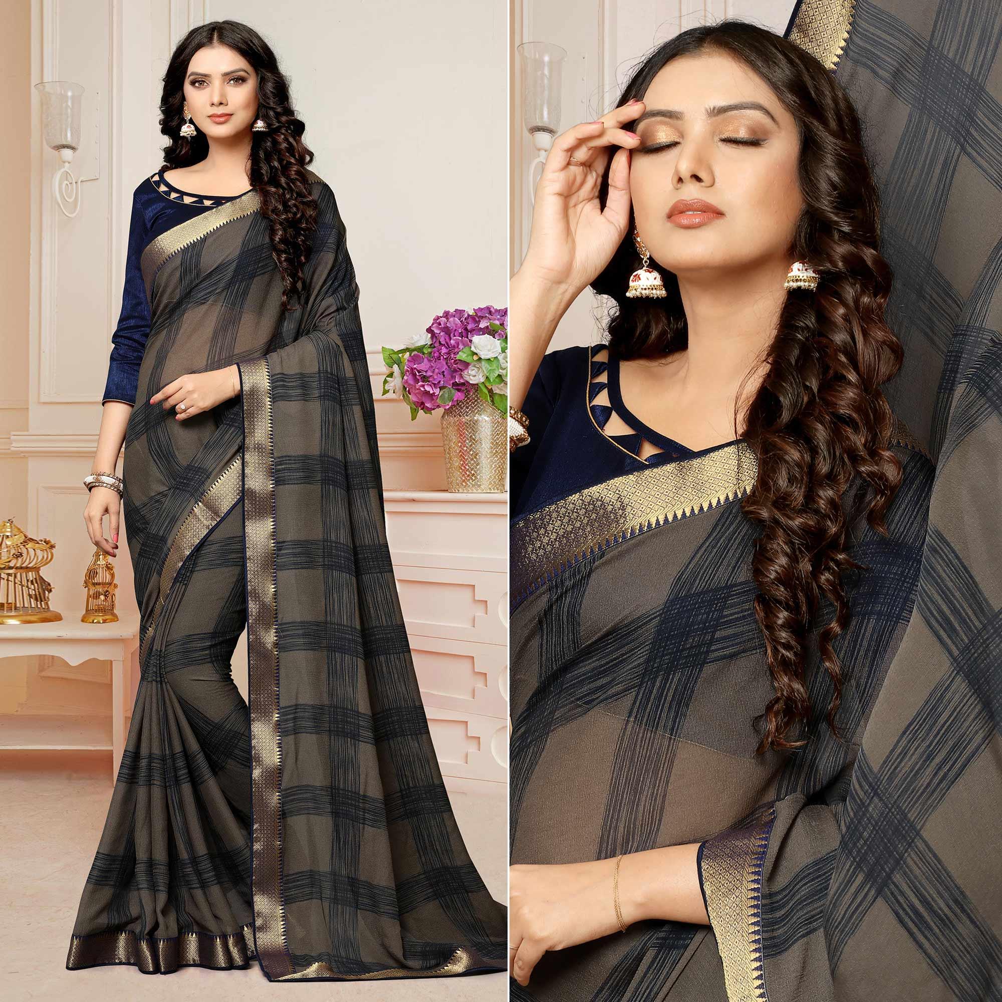 Brown Printed With Woven Border Georgette Saree - Peachmode