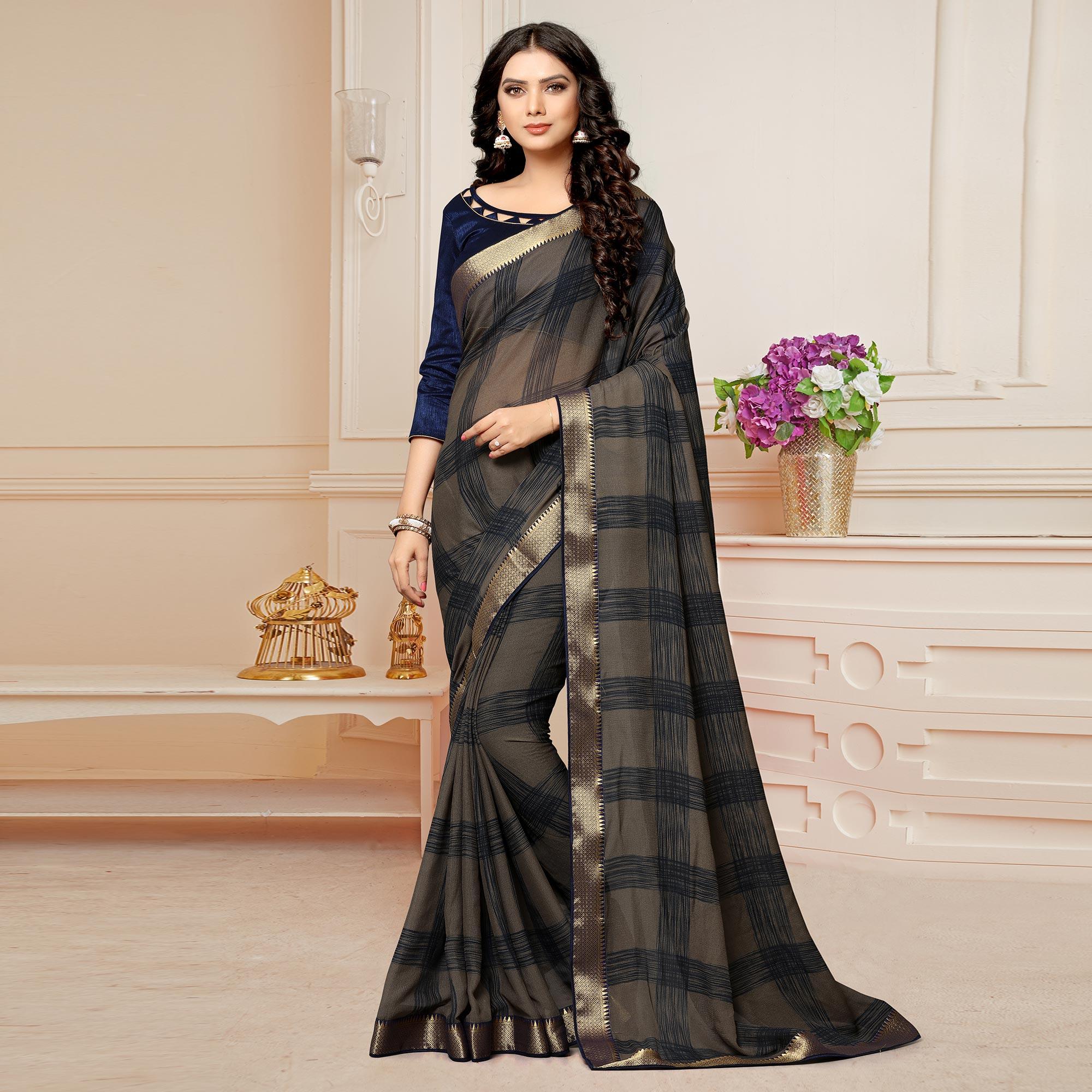 Brown Printed With Woven Border Georgette Saree - Peachmode