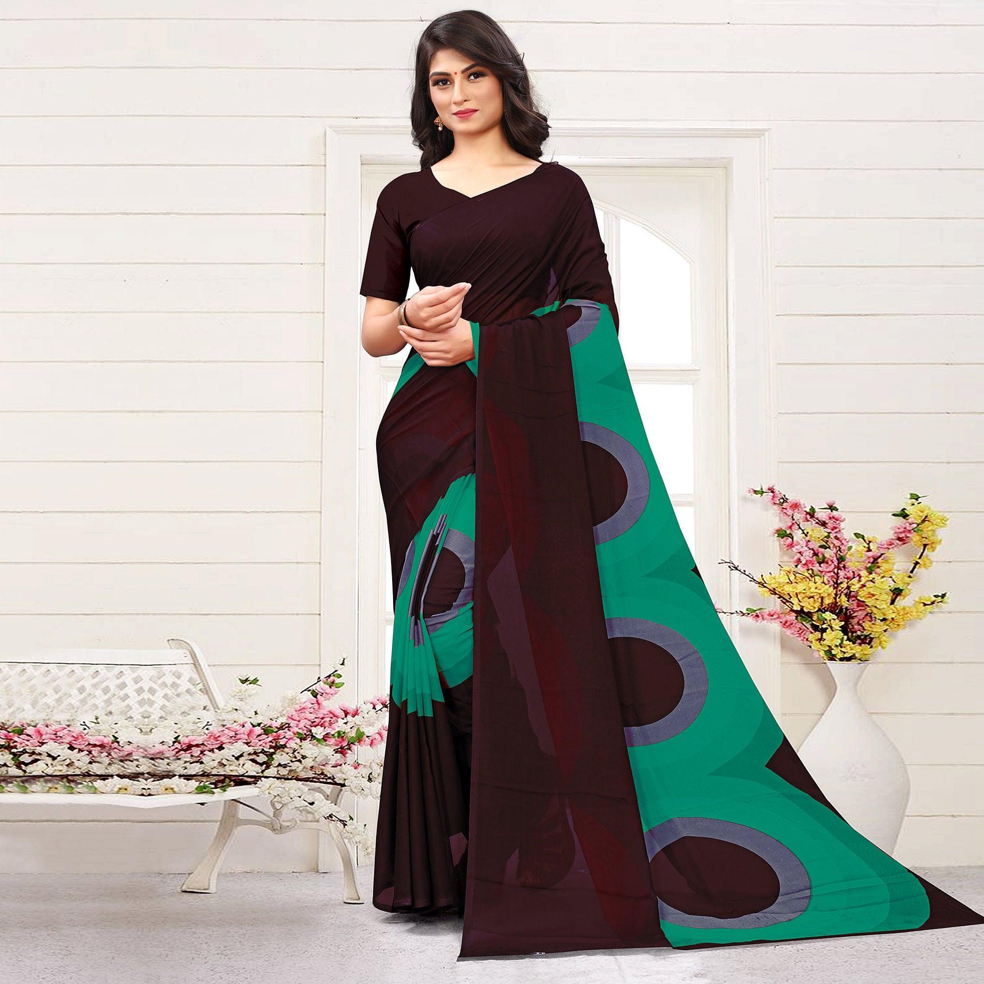 Brown Sea-Green Casual Wear Printed Georgette Saree - Peachmode