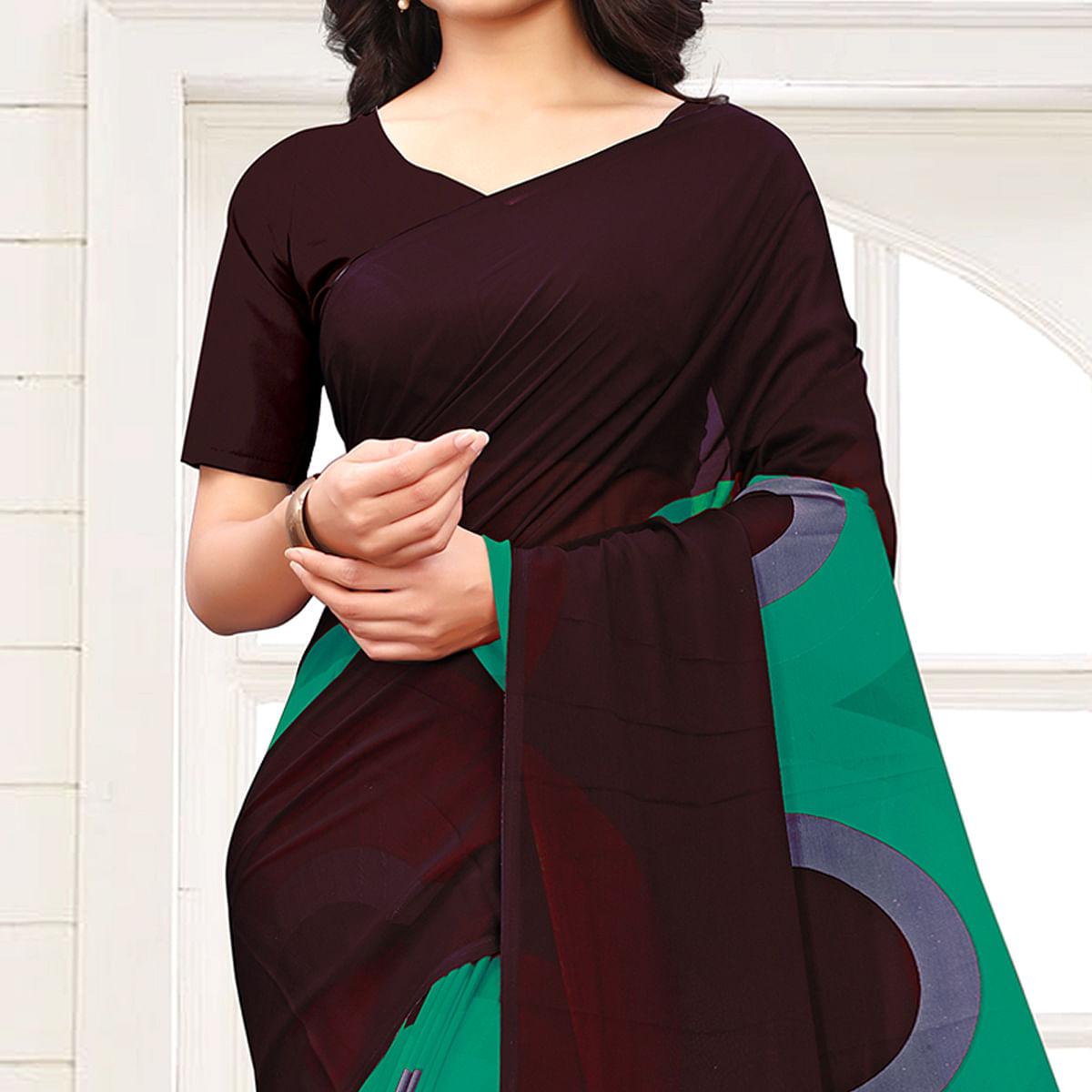 Brown Sea-Green Casual Wear Printed Georgette Saree - Peachmode