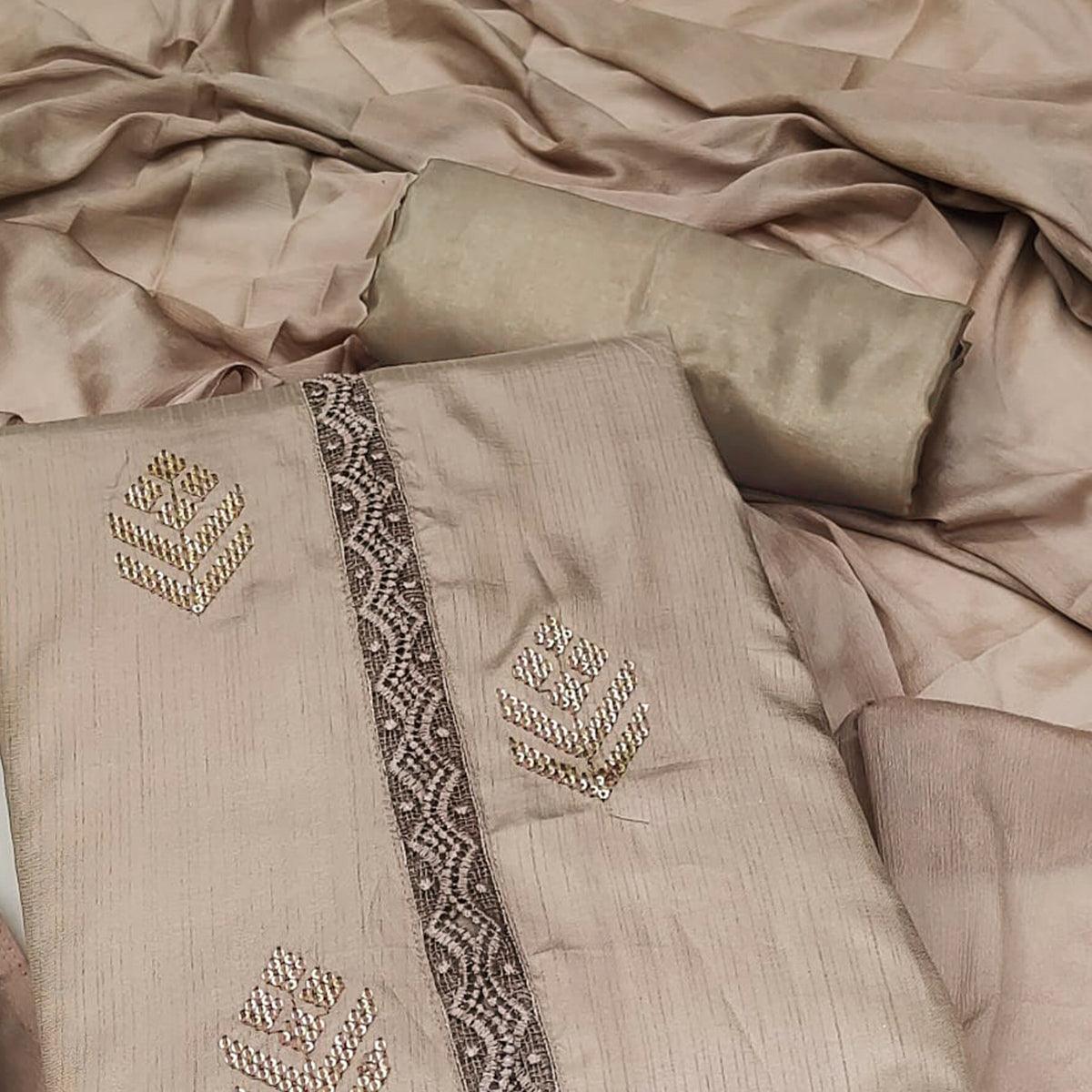 Brown Sequence Embroidered Art Silk Dress Material - Peachmode
