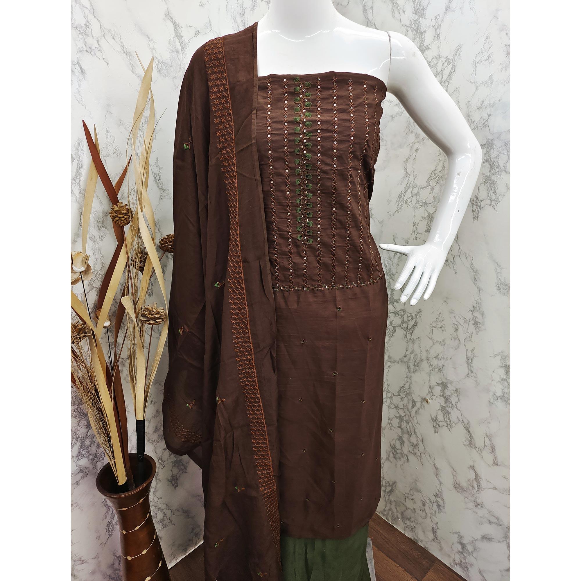 Brown Sequence Embroidered Cotton Silk Dress Material - Peachmode
