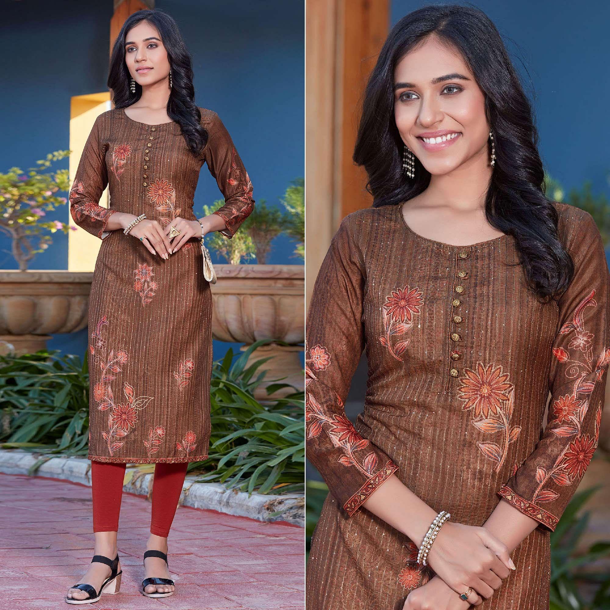Brown Sequence Embroidered Cotton Silk Kurti - Peachmode