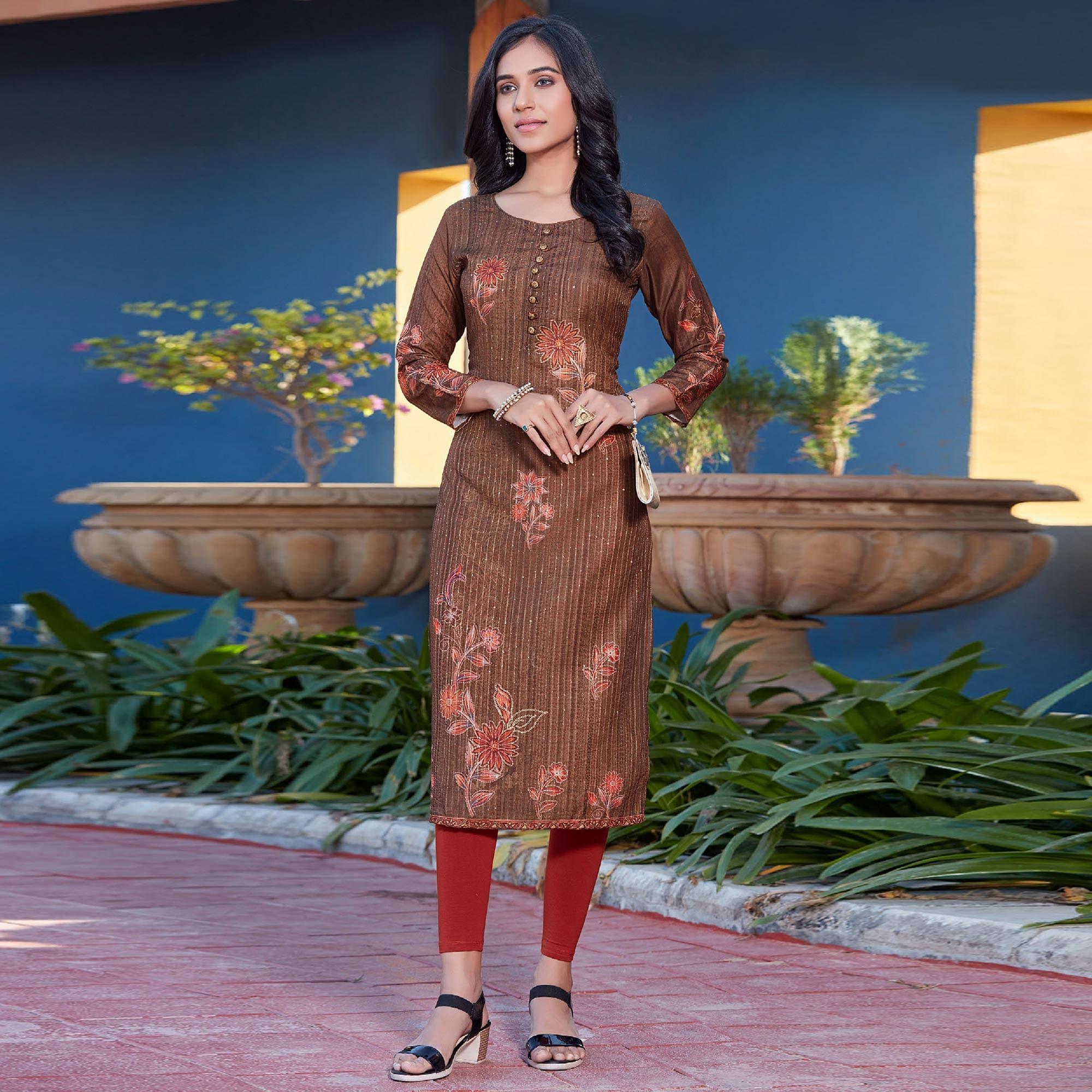 Brown Sequence Embroidered Cotton Silk Kurti - Peachmode