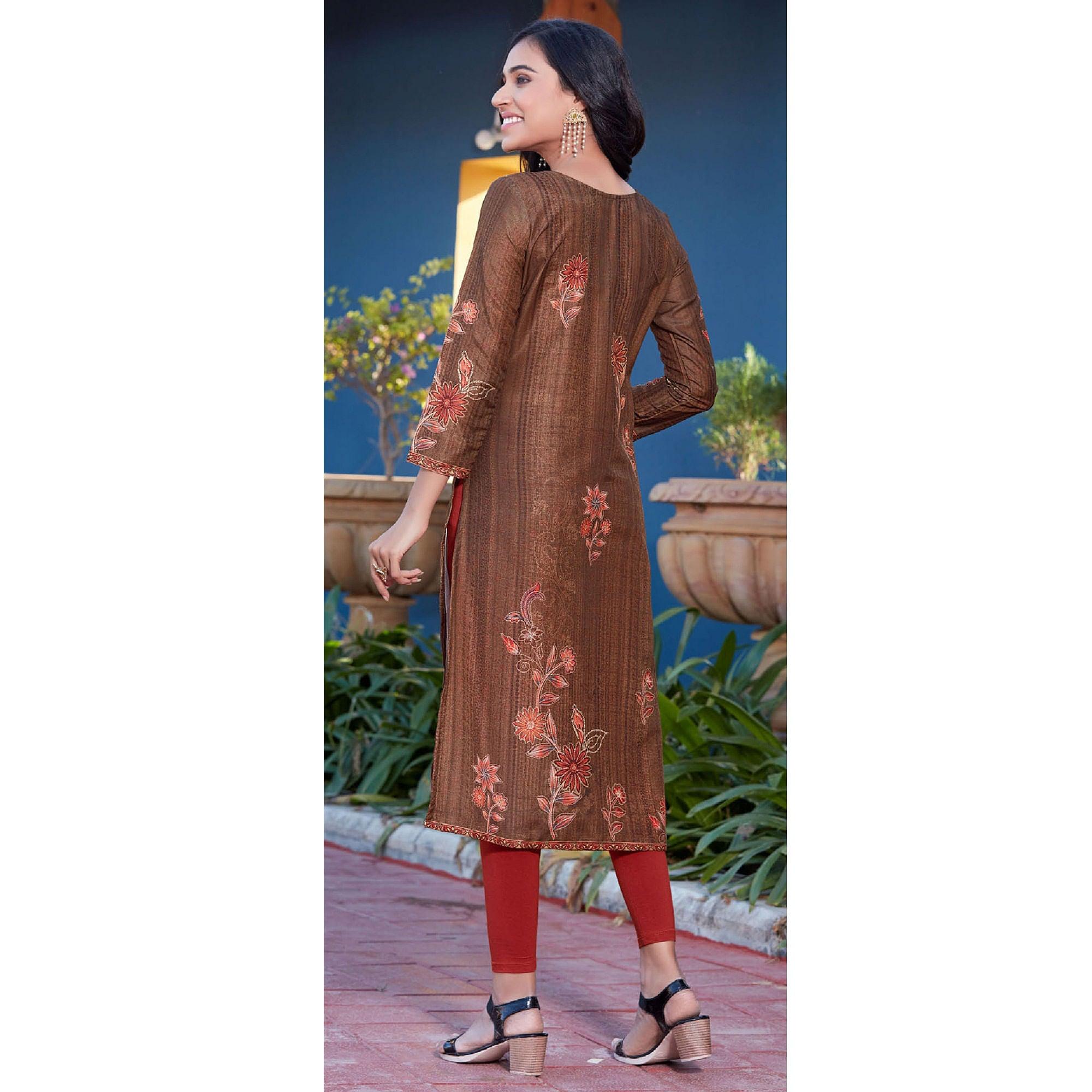 Brown Sequence Embroidered Cotton Silk Kurti - Peachmode